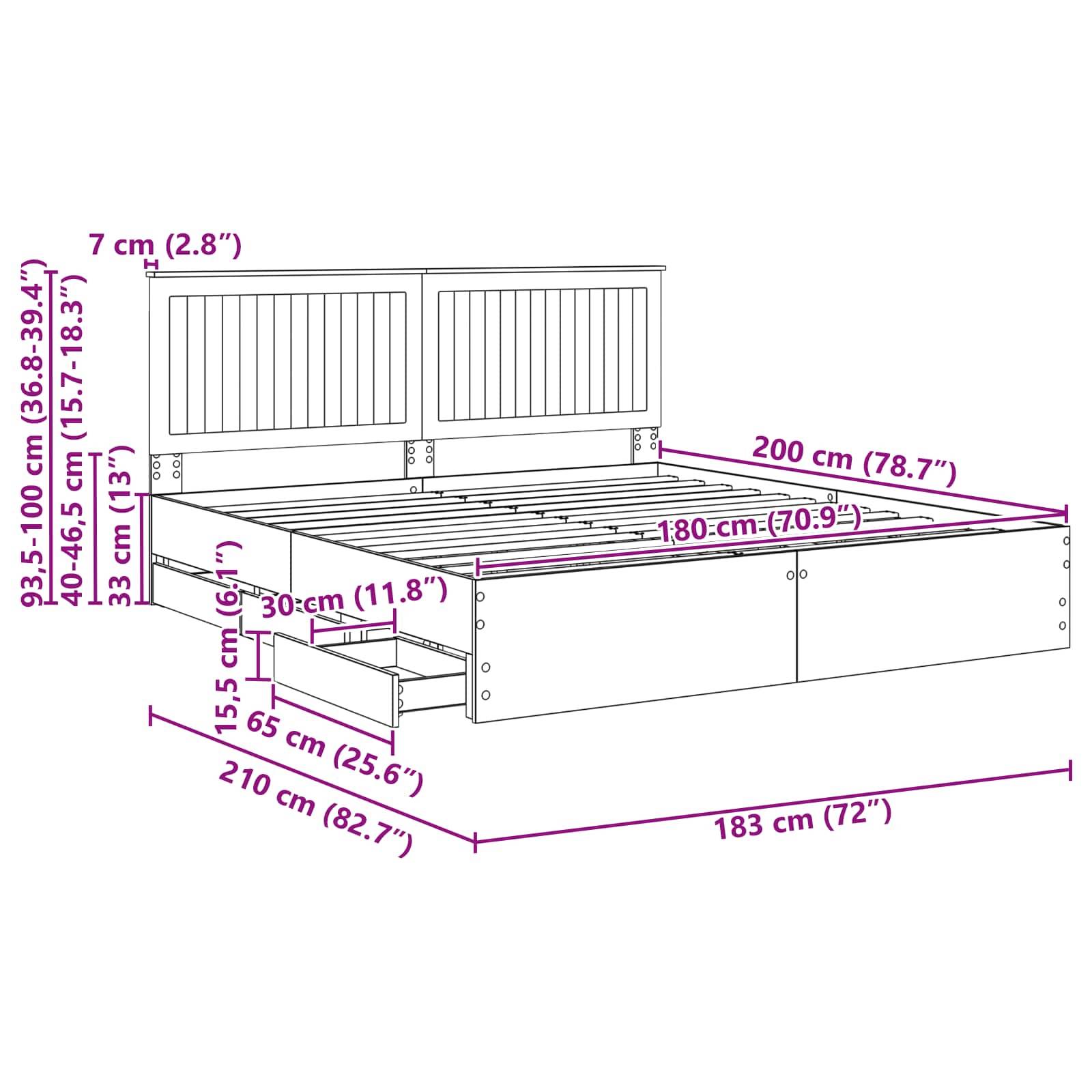 Bettmaße: Breite 183 cm (72''), Länge 210 cm (82,7''), Höhe 93,5-100 cm (36,8-39,4''). Ausgestattet mit Staurageschubladen, 30 cm (11,8'') Tiefe.