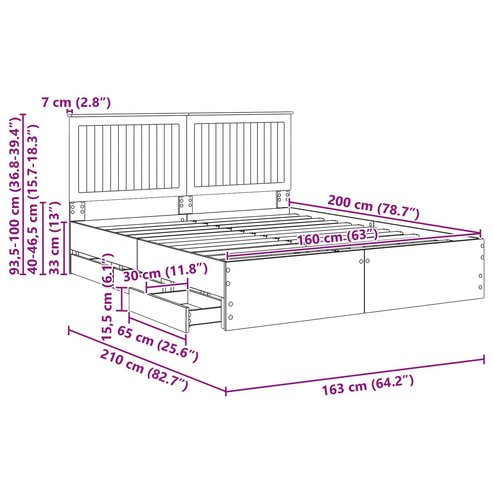 Maße eines Bettes mit Stauraum: Höhe 93-100 cm, Breite 160 cm, Länge 200 cm. Schubladen: Höhe 15,5 cm, Breite 65 cm, Tiefe 55 cm.