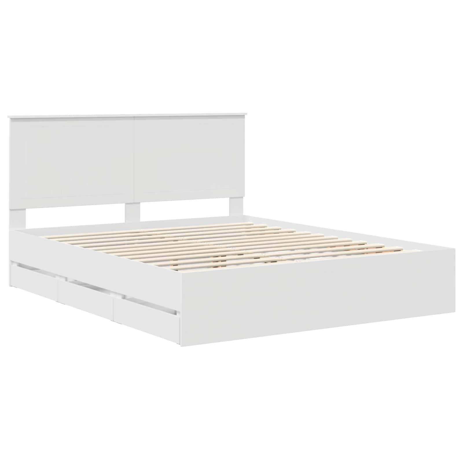 Weißer Bettrahmen mit Lattenrost und einem schlichten Kopfteil, passend für ein modernes Schlafzimmer.