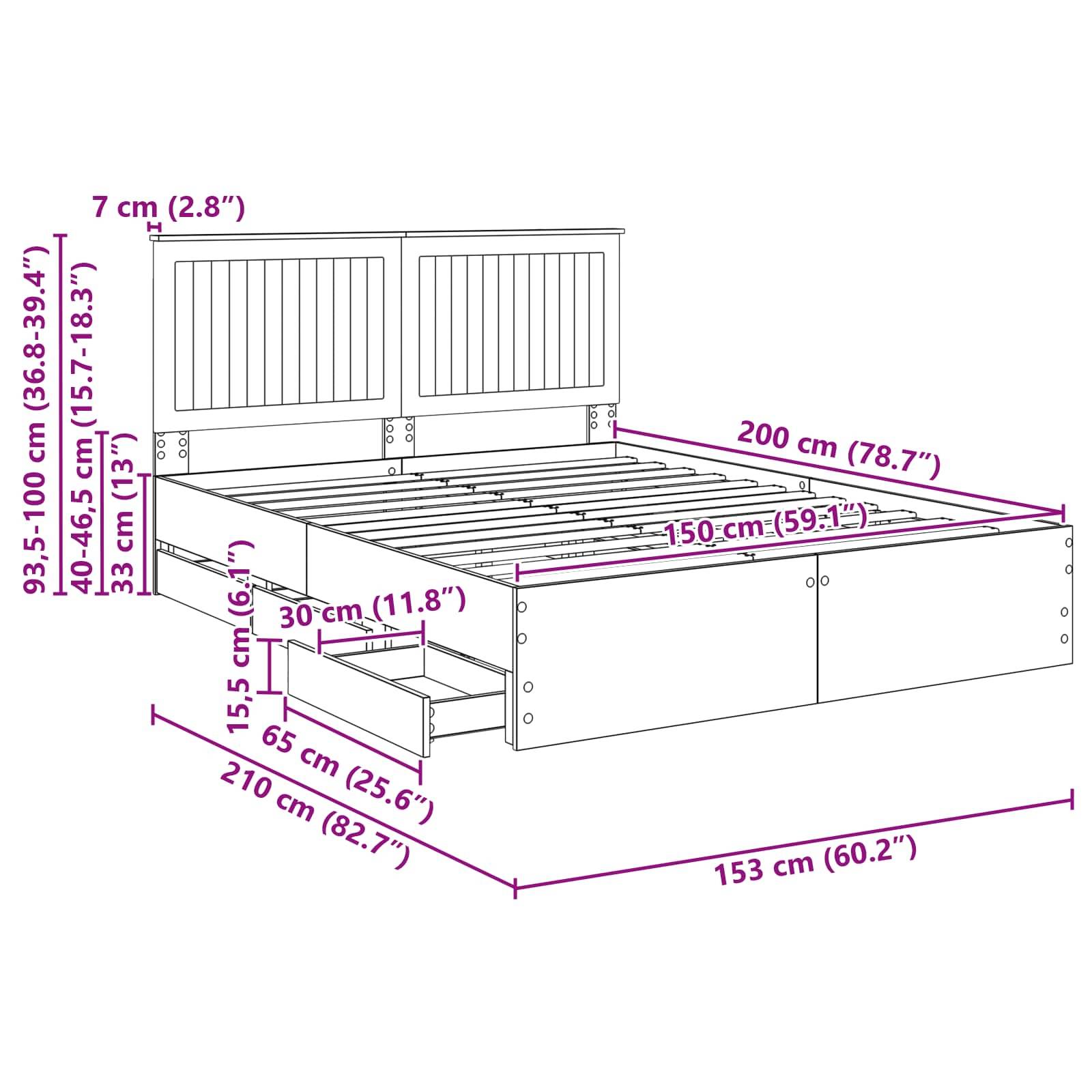 Bettgestell mit Kopfteil Maße: 200 cm Länge, 153 cm Breite, 93,5-100 cm Höhe. Ausgestattet mit Stauraum in Form von Schubladen an beiden Seiten.