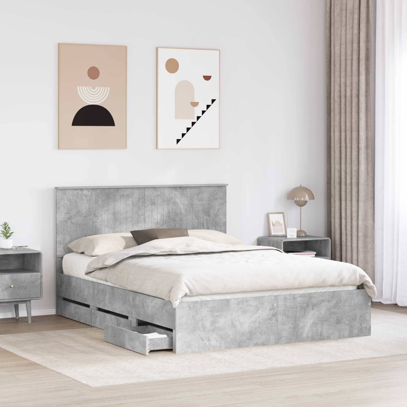 vidaXL Bettrahmen mit Kopfteil Beton Grau 150 x 200 cm Ingenieurs Holz