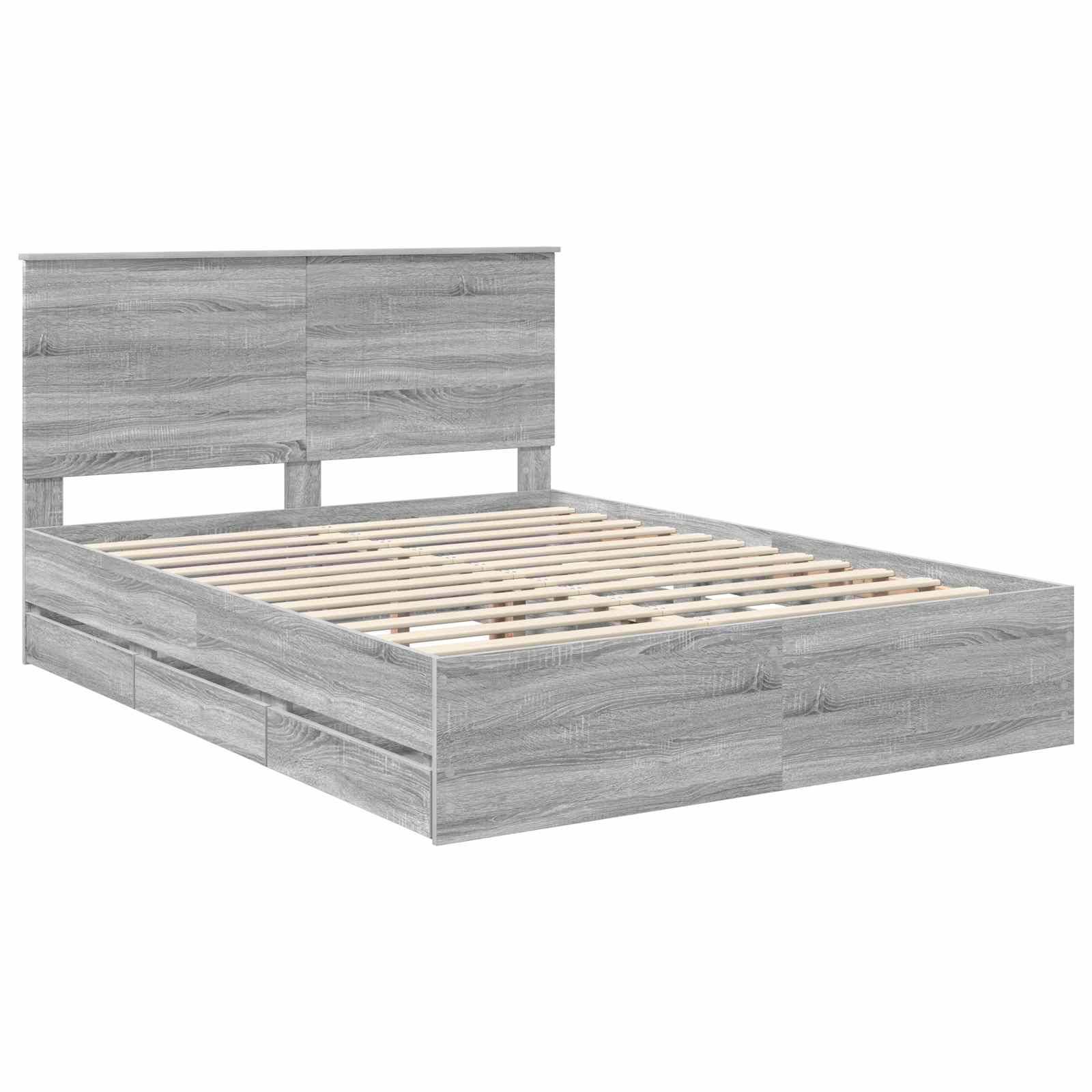 Ein grauer Holz-Plattformbettrahmen mit einem schlichten, modernen Design, ausgestattet mit einem Kopfteil und einer Lattenrost-Basis zur Matratzenunterstützung.