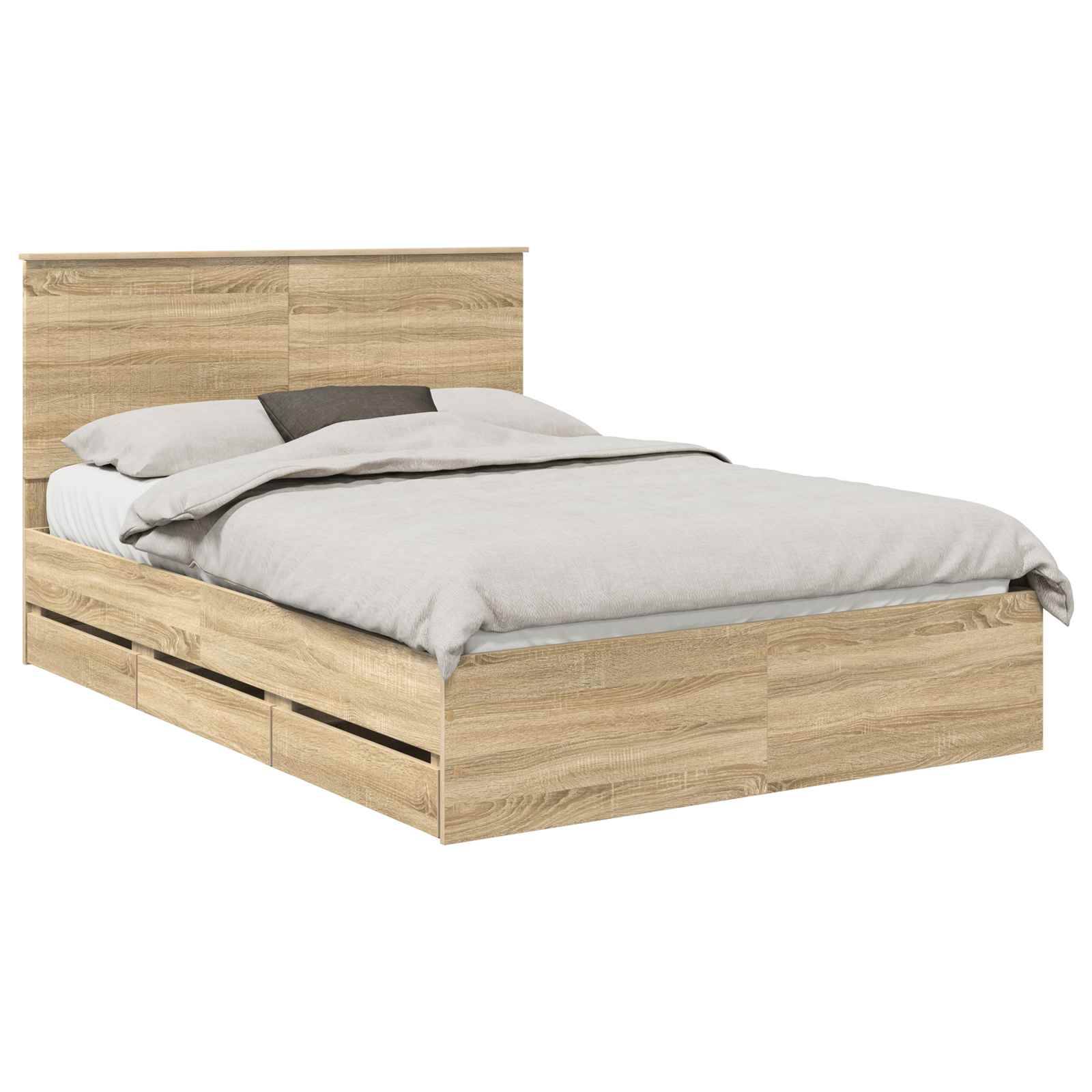 Ein Holz-Doppelbett mit Kopfteil, das eine helle Holzmaserung aufweist, mit weißer Bettwäsche und Kissen.