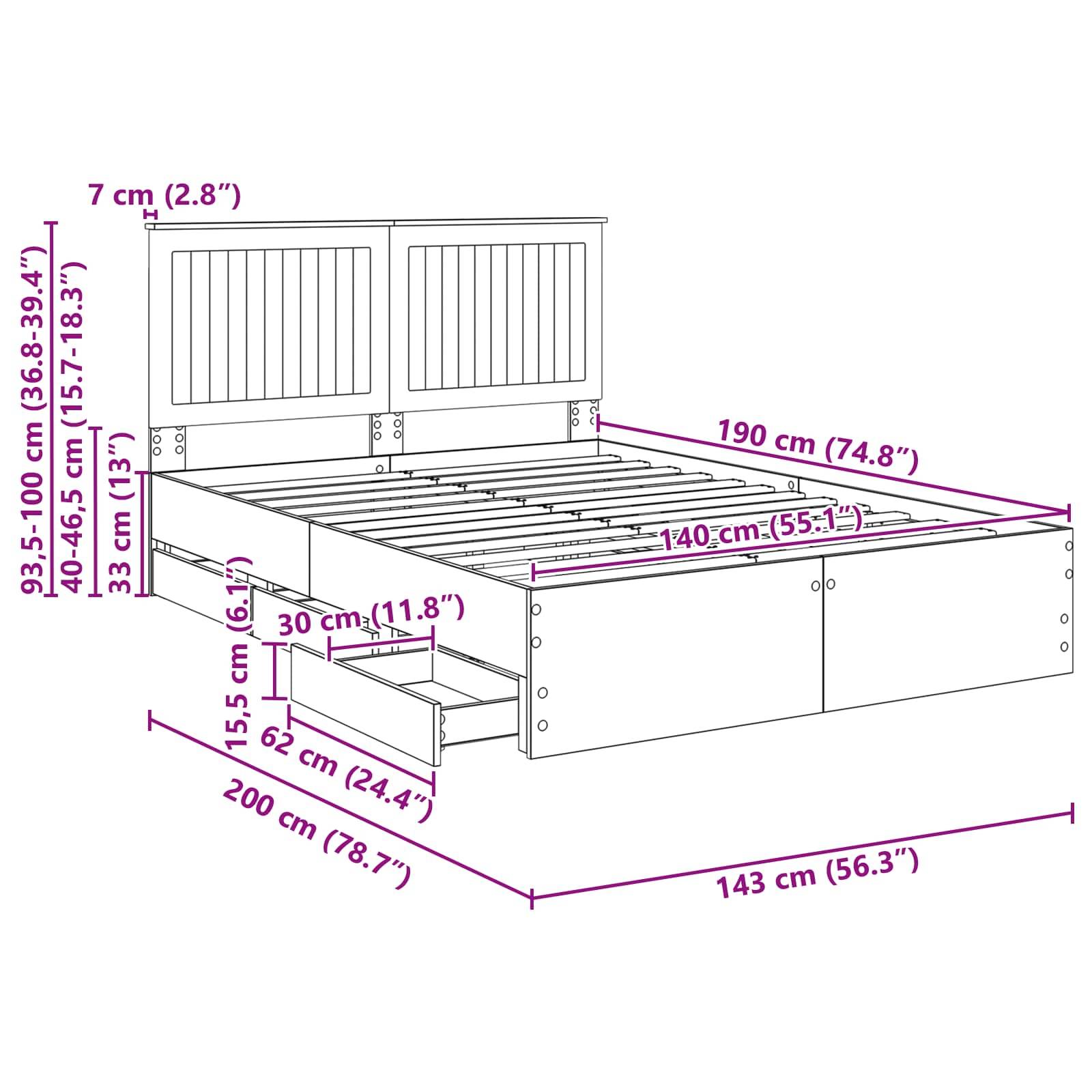 Holzbettgestell mit Stauraum-Einheit und Lattenrost. Abmessungen: Länge 190 cm, Breite 143 cm, Höhe 93-100 cm. Aufbewahrungsschubladen ragen 62 cm heraus.