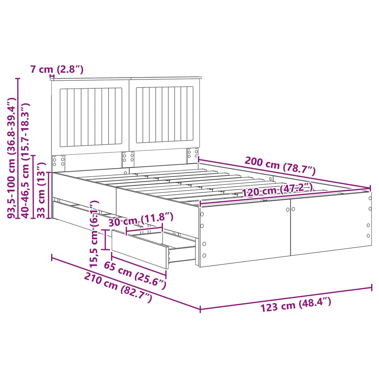 Eine Skizze eines Bettes mit Maßen: Höhe 93,5-100 cm, Breite 123 cm und Tiefe 210 cm. Enthält Staurageschubladen darunter.