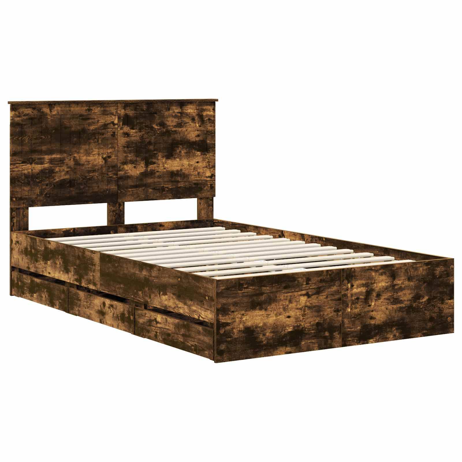 Holzbettgestell mit Kopfteil, versehen mit einer rustikalen braunen Oberfläche, Lattenrost und zwei Bettkästen zur Aufbewahrung.
