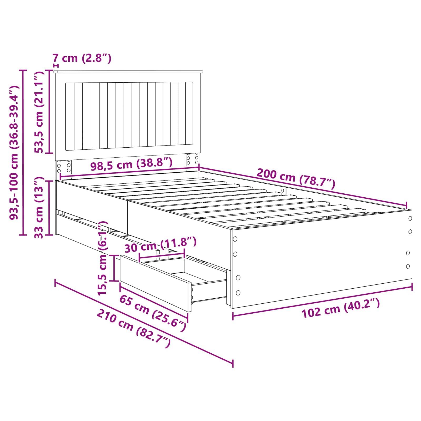 Weiße Bettrahmen mit Stauraum - Abmessungen. Höhe: 93,5-100 cm, Länge: 210 cm, Breite: 200 cm. Ausgestattet mit Lamellenkopfteil, Schubladen und Treppenstufen.