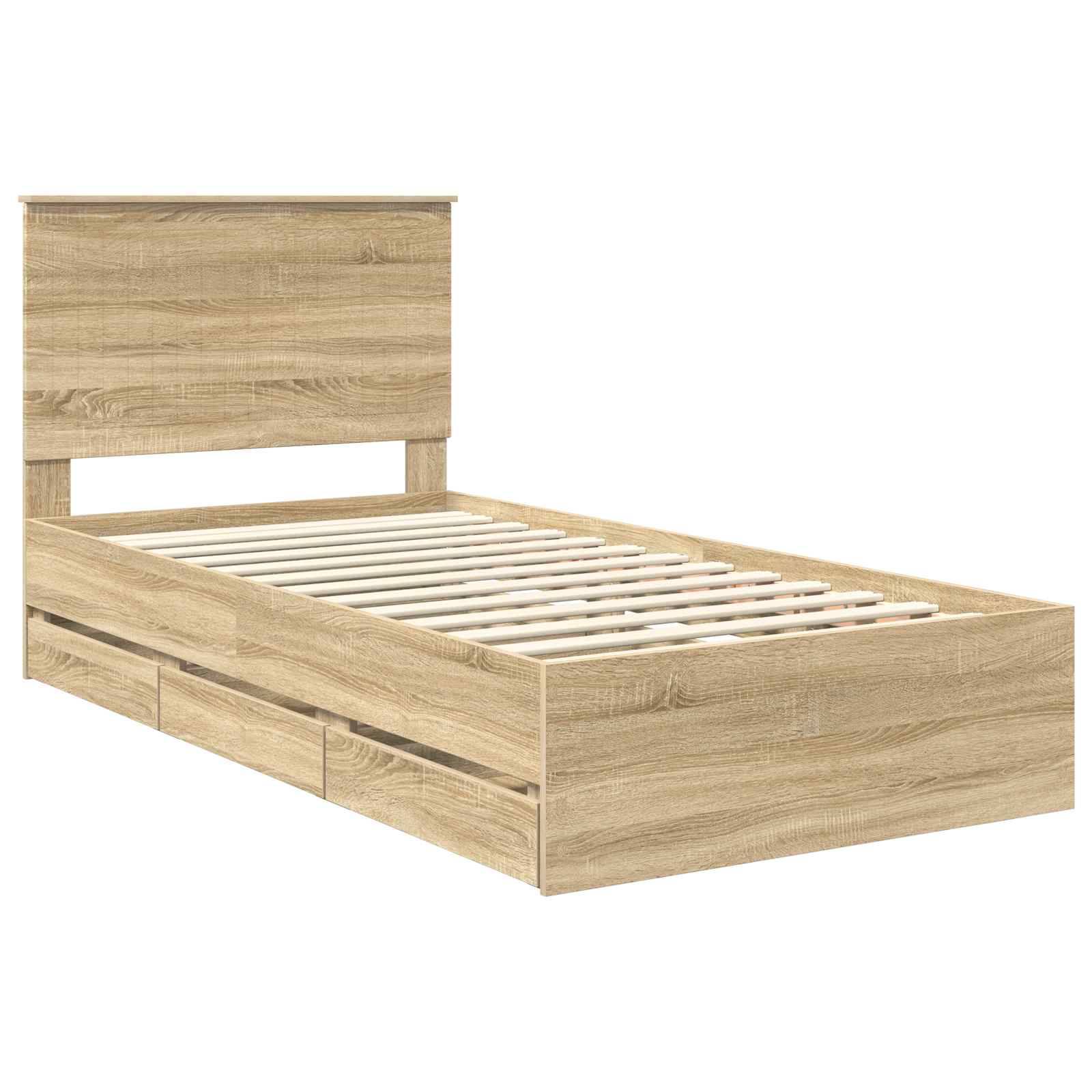 Ein Holzbettgestell mit hohem Kopfteil, versehen mit einer hellen Eichenlasur und seitlichen Unterbett-Schubladen.