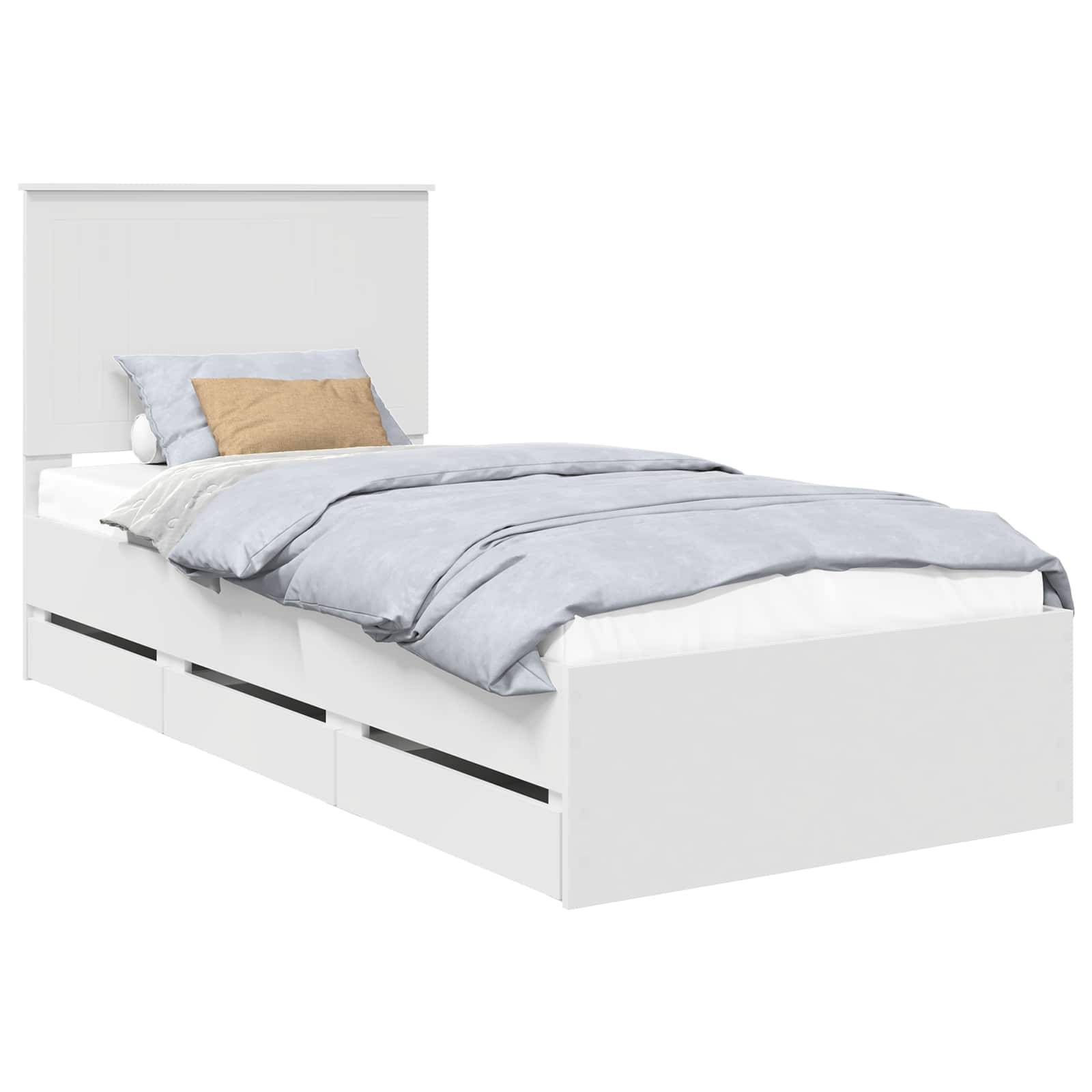 Ein weißes Bett mit Schubladen zur Unterbett-Lagerung. Es hat ein hohes Kopfteil und ist mit blauer und beiger Bettwäsche gestylt.