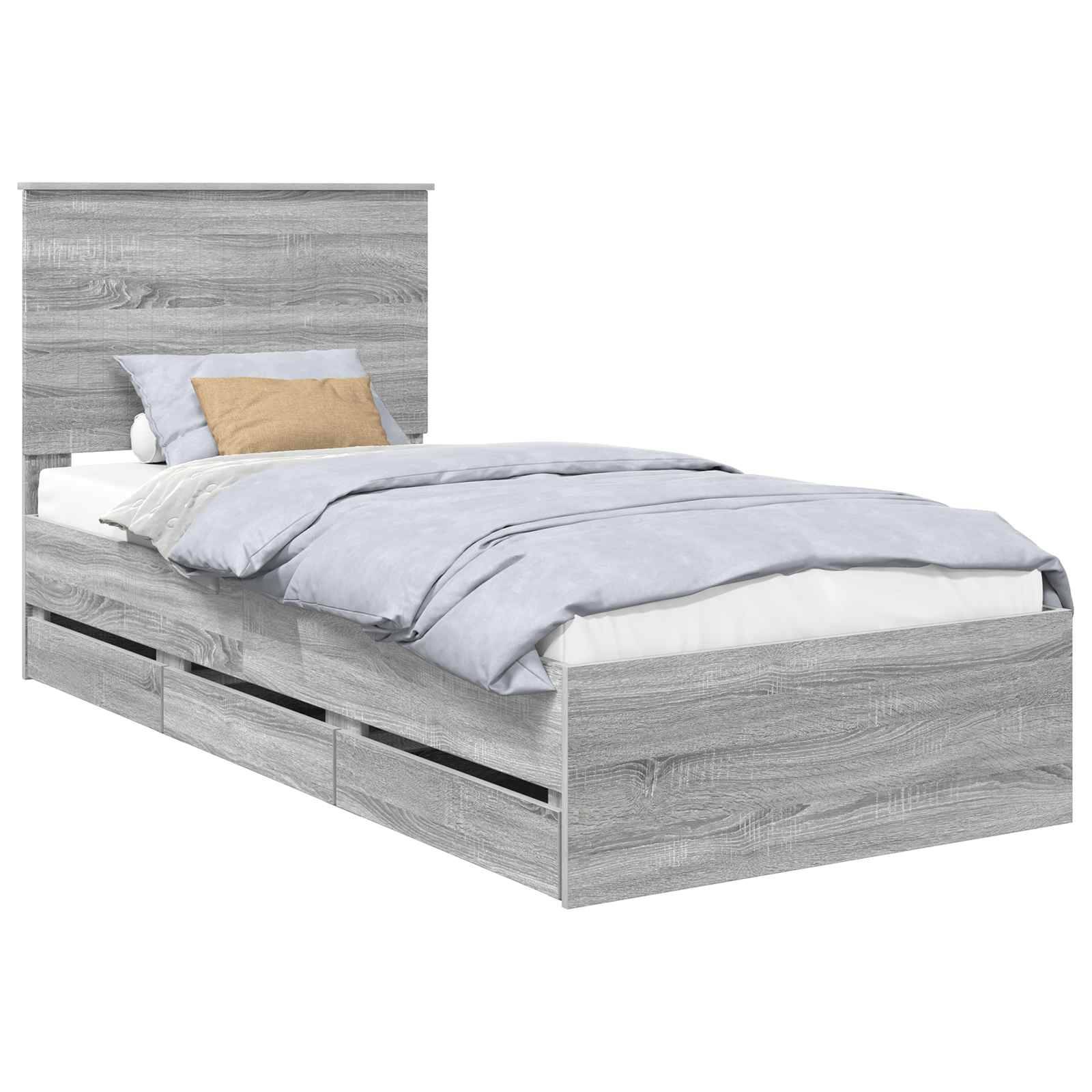 Ein hellgrau gestreiftes Einzelbett mit einem Holzkopfteil, ordentlich gemacht mit blauer Bettwäsche und Kissen, vor einem weißen Hintergrund.