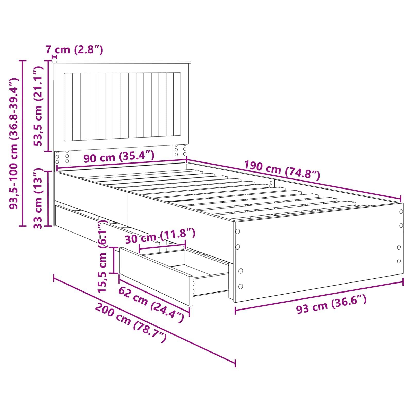 Bettrahmen-Diagramm mit Maßen: 93,5-100 cm (Höhe), 90 cm (Breite), 190 cm (Länge), 200 cm (Gesamtlänge mit Stufen), 62 cm (Stufenbreite).
