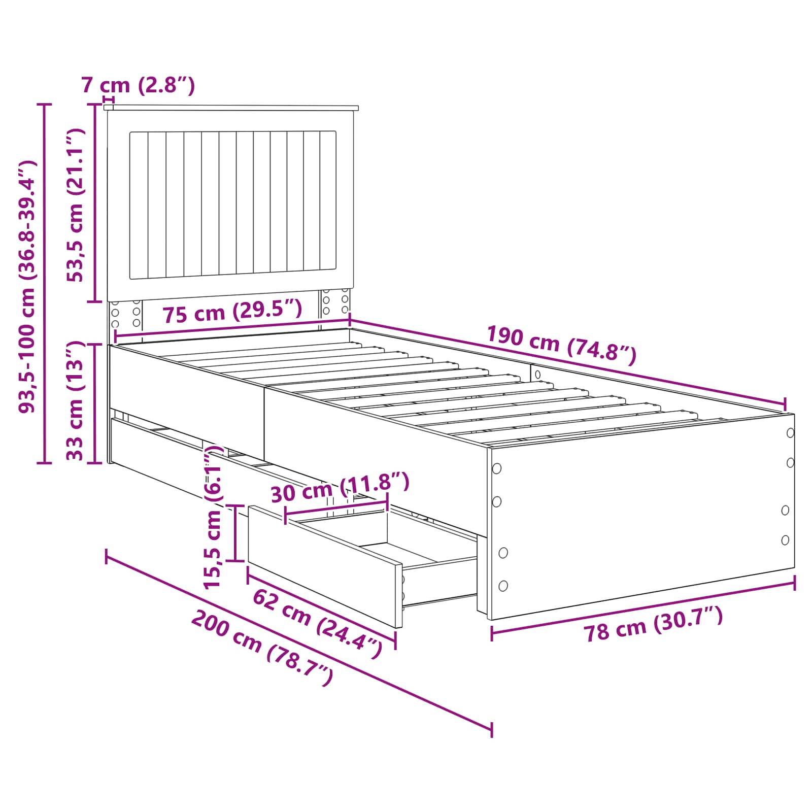 Eine Skizze eines Bettes mit Maßen: Höhe 93,5-100 cm, Länge 200 cm, Breite 78 cm. Es verfügt über Staurageschubladen mit einer Tiefe von 62 cm.