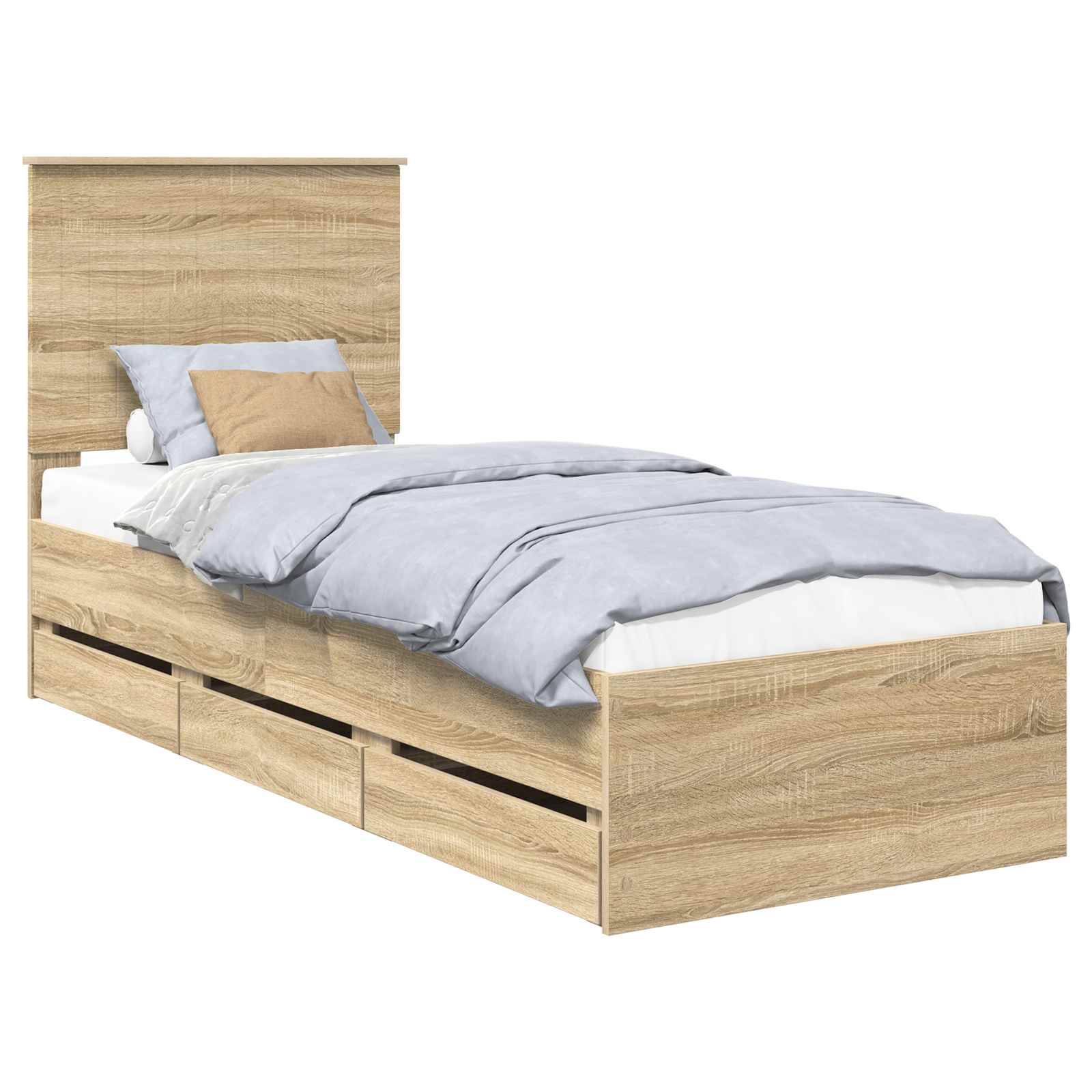 Ein Einzelbett aus Holz mit passendem Kopfteil und Bettschubladen, bedeckt mit hellgrauer Bettwäsche und beigen Zierkissen.