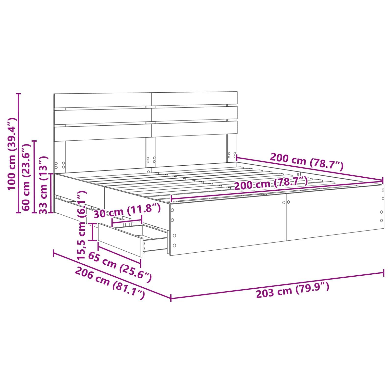 Bettrahmen-Abmessungen: Breite 203 cm (79,9
