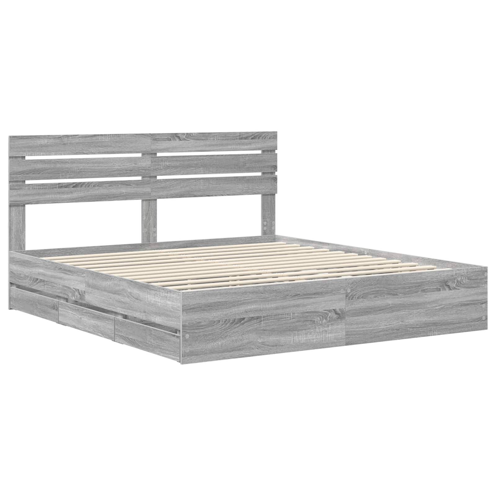 Ein grauer Holzbettrahmen mit einer Lamellenrückenlehne und Lattenrost, der ein einfaches, modernes Design aufweist und sich perfekt in eine Schlafzimmerumgebung einfügt.