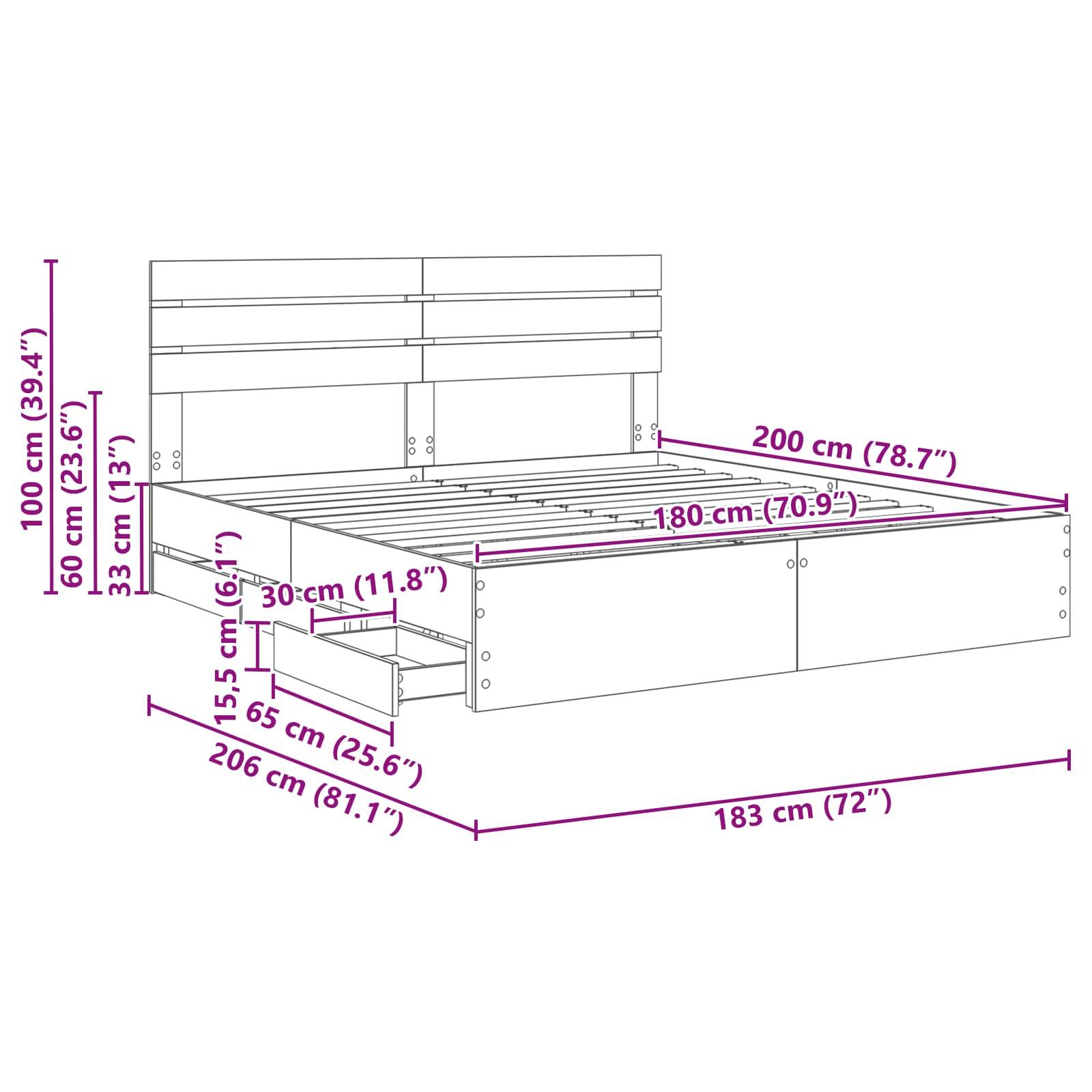 Technische Zeichnung eines Bettes mit Abmessungen: Breite 183 cm, Länge 206 cm, Höhe 100 cm. Enthält Stauraummöglichkeiten wie Schubladen.