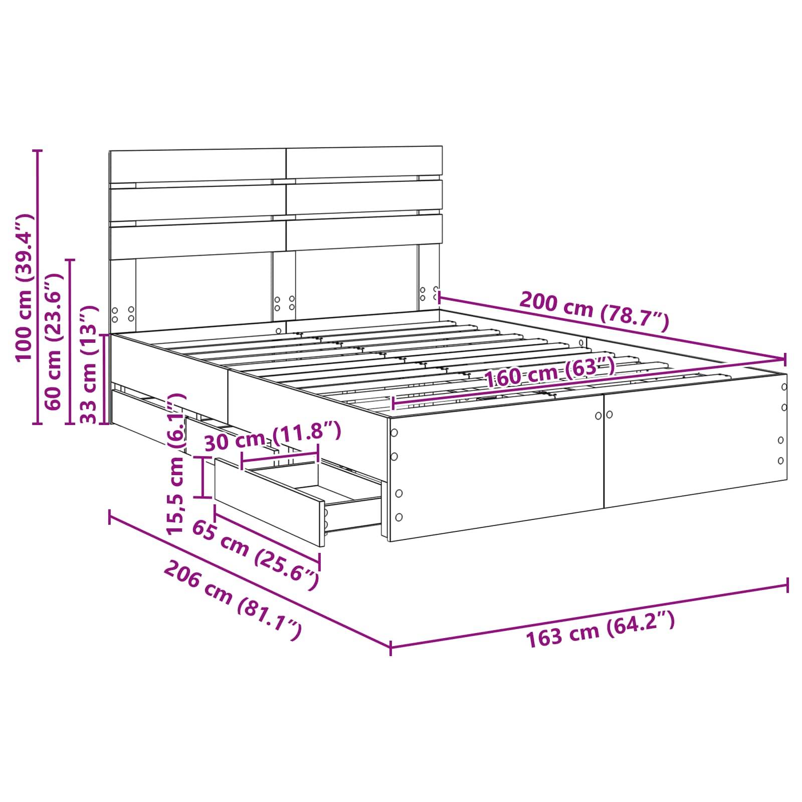 Diagramm eines Bettgestells mit Abmessungen: Höhe 100 cm, Breite 163 cm, Länge 206 cm. Enthält eine Schublade mit einer Breite von 60 cm.