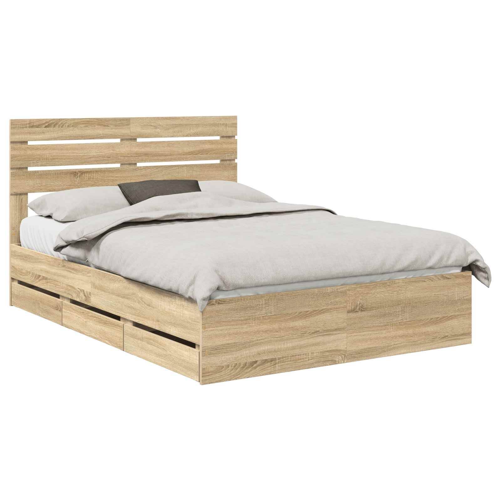 Ein Holzbettgestell mit einer hellbraunen Oberfläche verfügt über einen Lattenrost als Kopfteil und Staurageschubladen darunter. Das Bett ist ordentlich bezogen mit grauer Bettwäsche.
