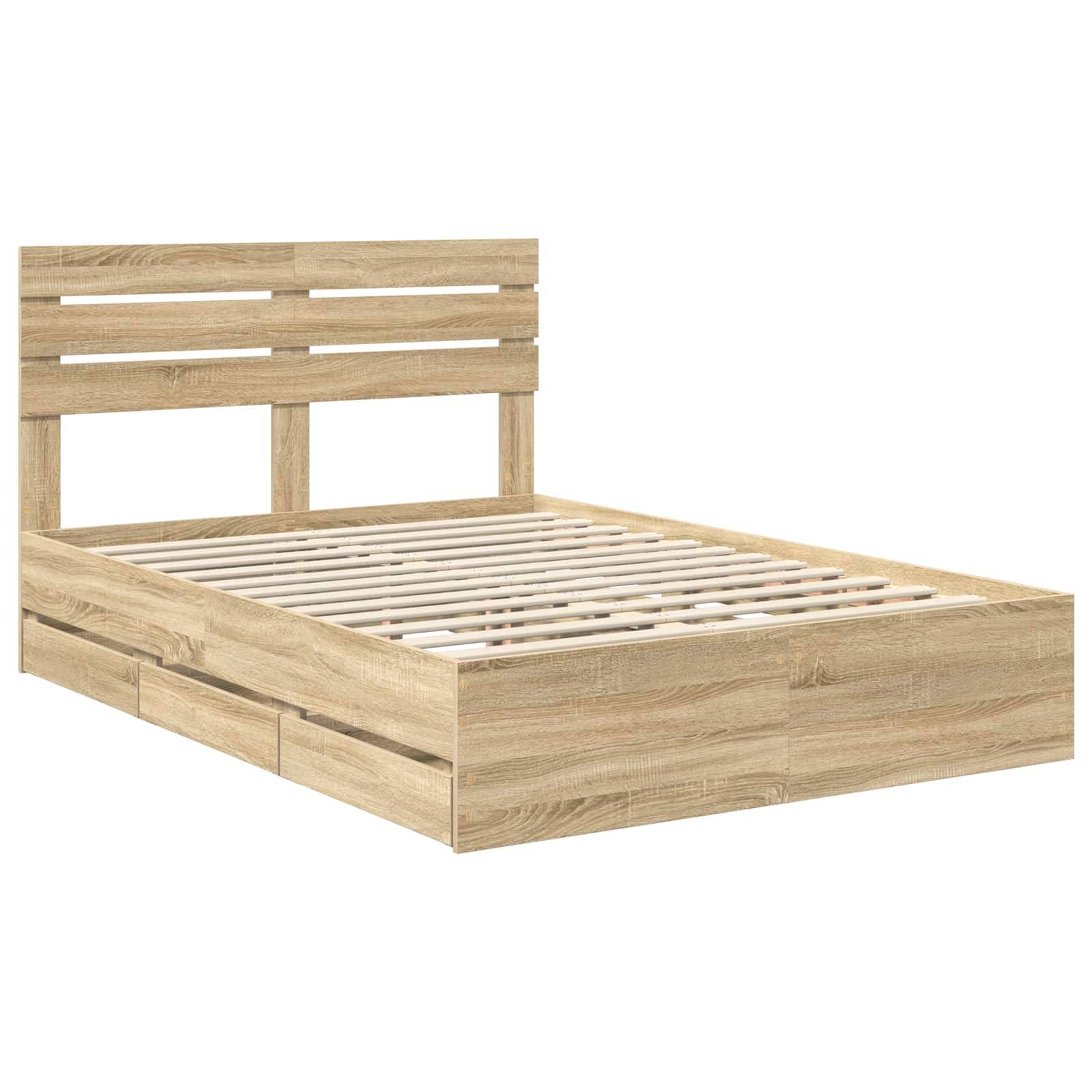 Ein Holzbettgestell mit Kopfteil und Lattenrost in einer hellen Eichenoberfläche. Das Design ist schlicht und modern mit cleanen Linien.