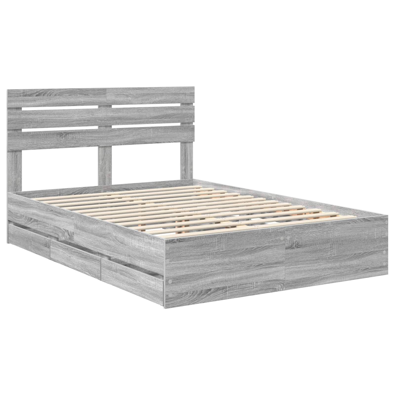 Ein Holzbettgestell mit einem einfachen Latten-Kopf- und Fußteil, in einem natürlichen Holzton mit horizontaler Verkleidung gezeigt.