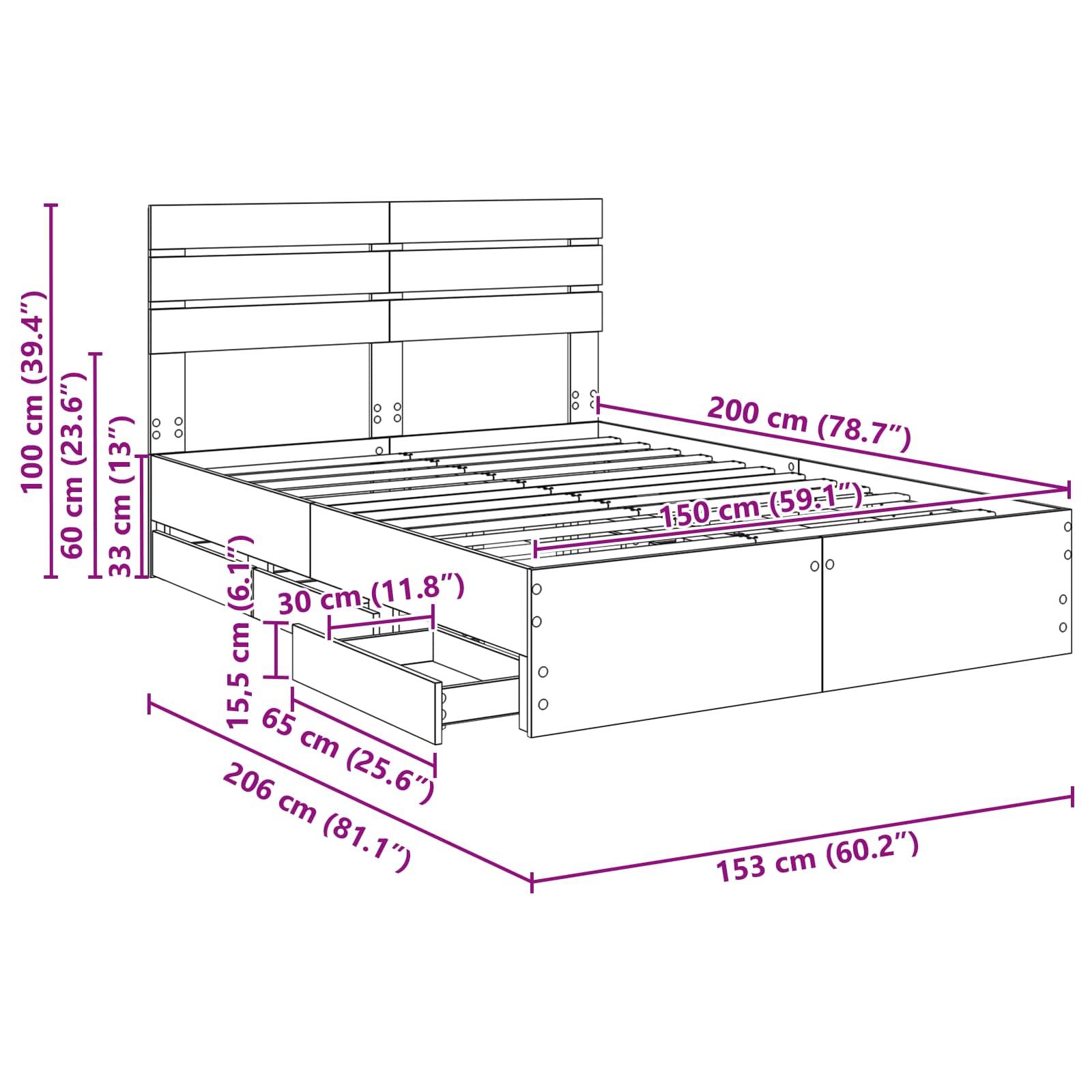 Bettrahmen-Diagramm mit Maßen: 200 cm (Länge), 153 cm (Breite), 100 cm (Höhe des Kopfteils), mit Schubladen und Stauraum-Details.