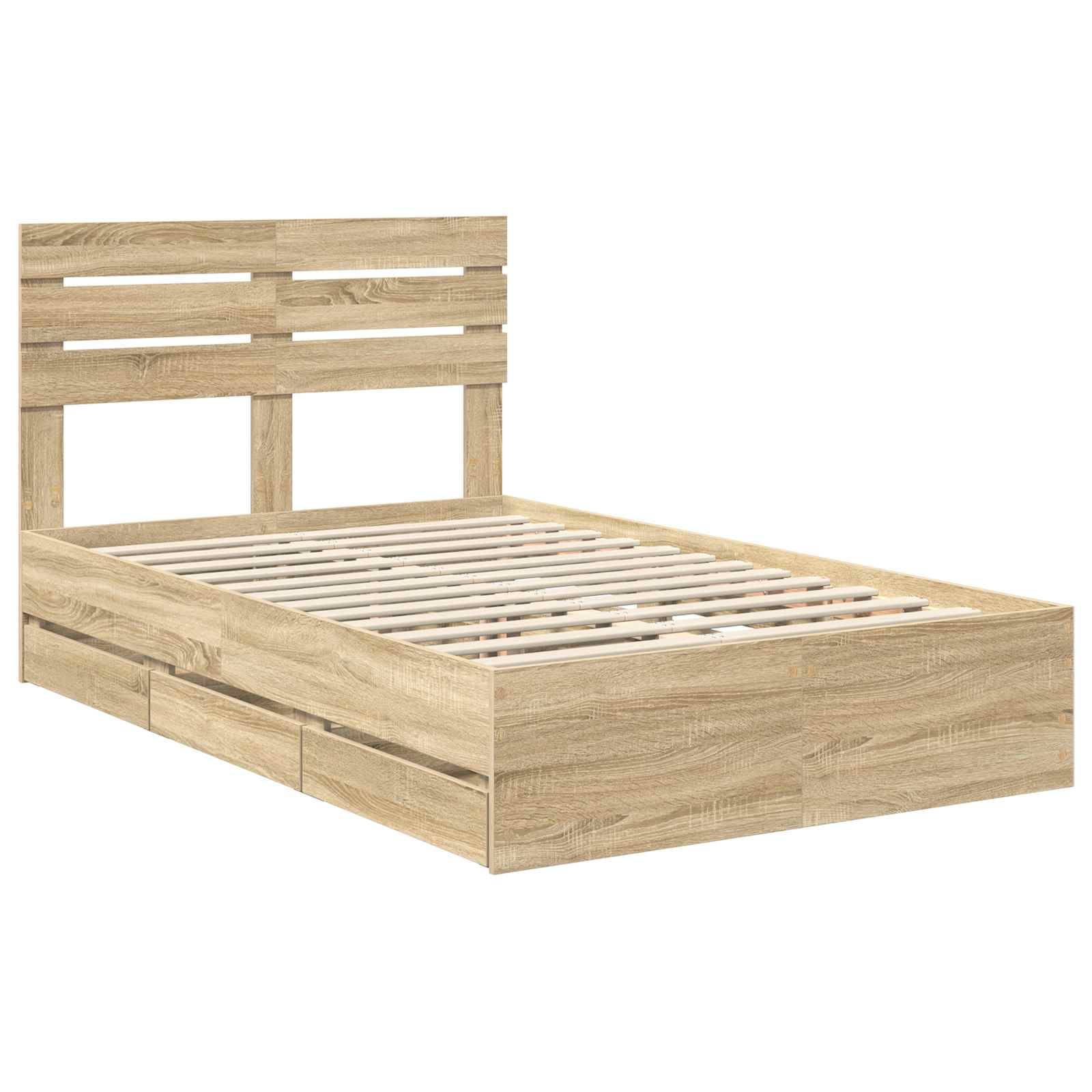 Holzbettgestell mit einem Lamellenrahmen im Kopfteil und Platz für Matratzenunterstützung. Helle Holzoberfläche; minimalistisches, modernes Design.