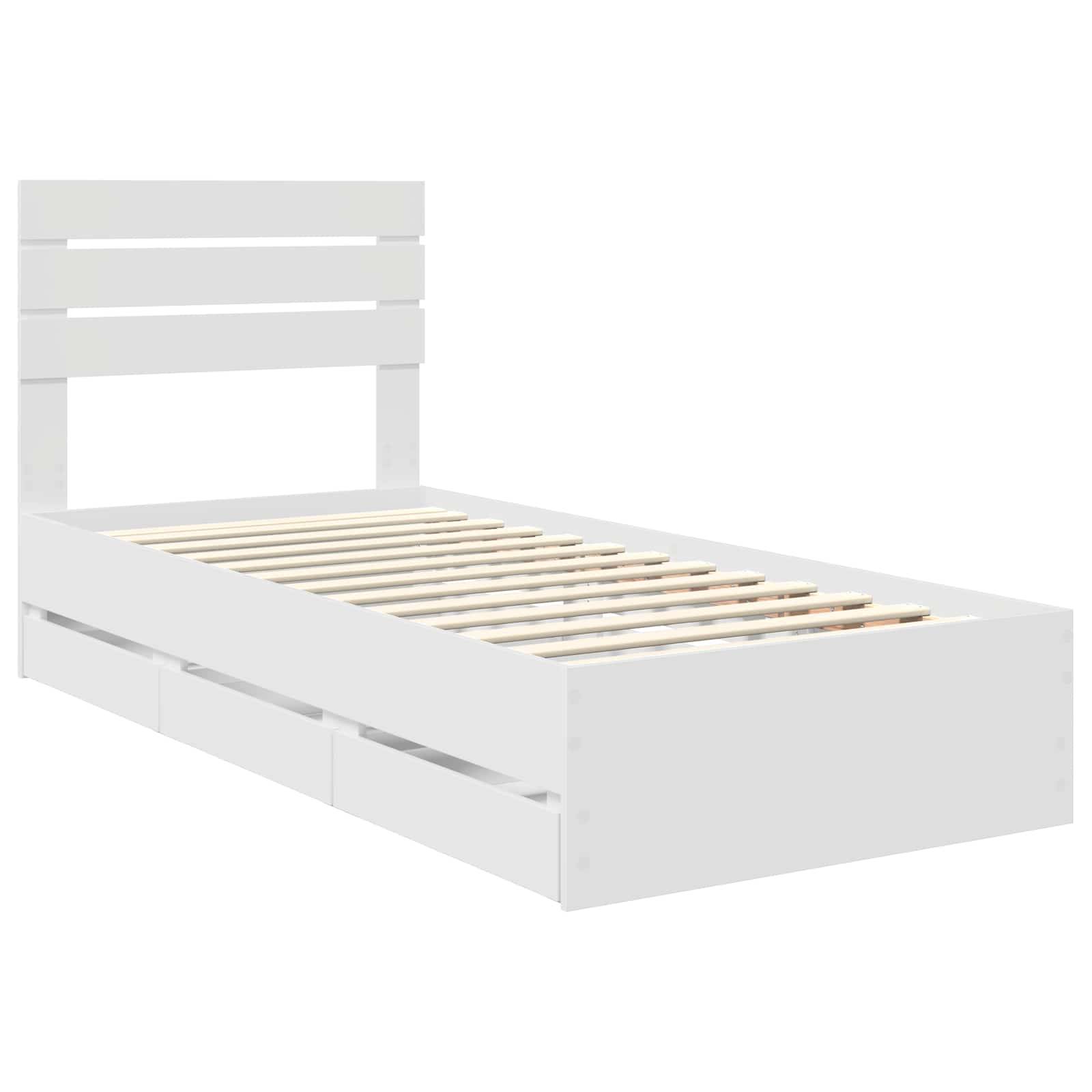 Weißer Holzbettgestell mit einem Lattenrost-Kopfteil und Platz für eine Matratze. Das Design umfasst Schubladen unter dem Bett zur Aufbewahrung.