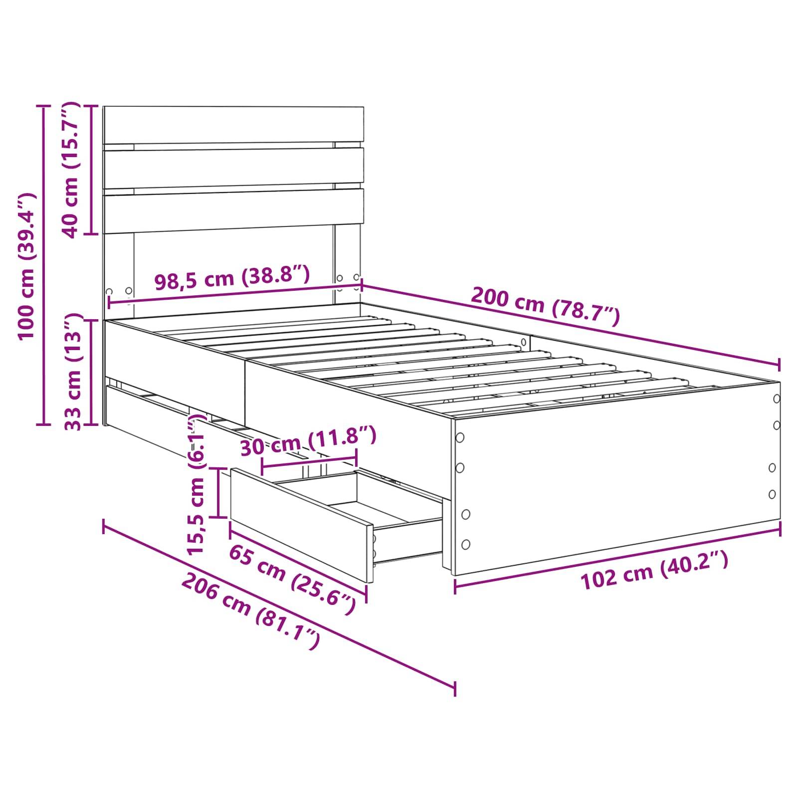 Darstellung eines Bettes mit Abmessungen in Zentimetern und Zoll. Höhe des Kopfteils: 100 cm; Bettlänge: 200 cm; Breite: 98,5 cm. Inklusive Stauraschublade.