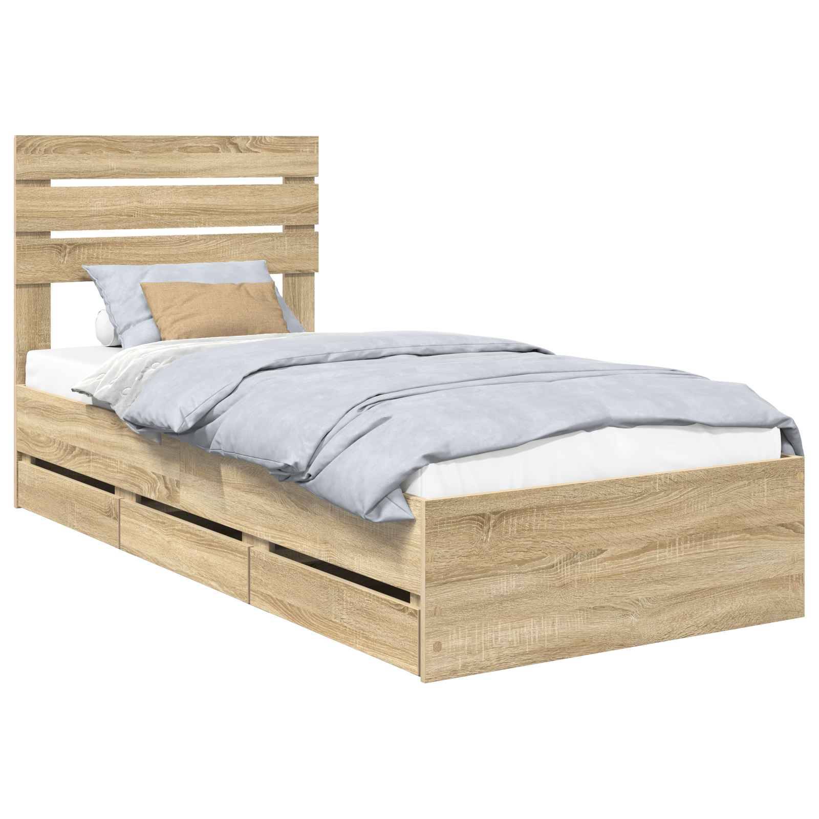 Ein Holz-Einzelbett mit einem Lattenrost-Kopfteil, hellblauen Bettwäsche und einem beigen Zierkissen. Vier Aufbewahrungsschubladen befinden sich an der Seite.