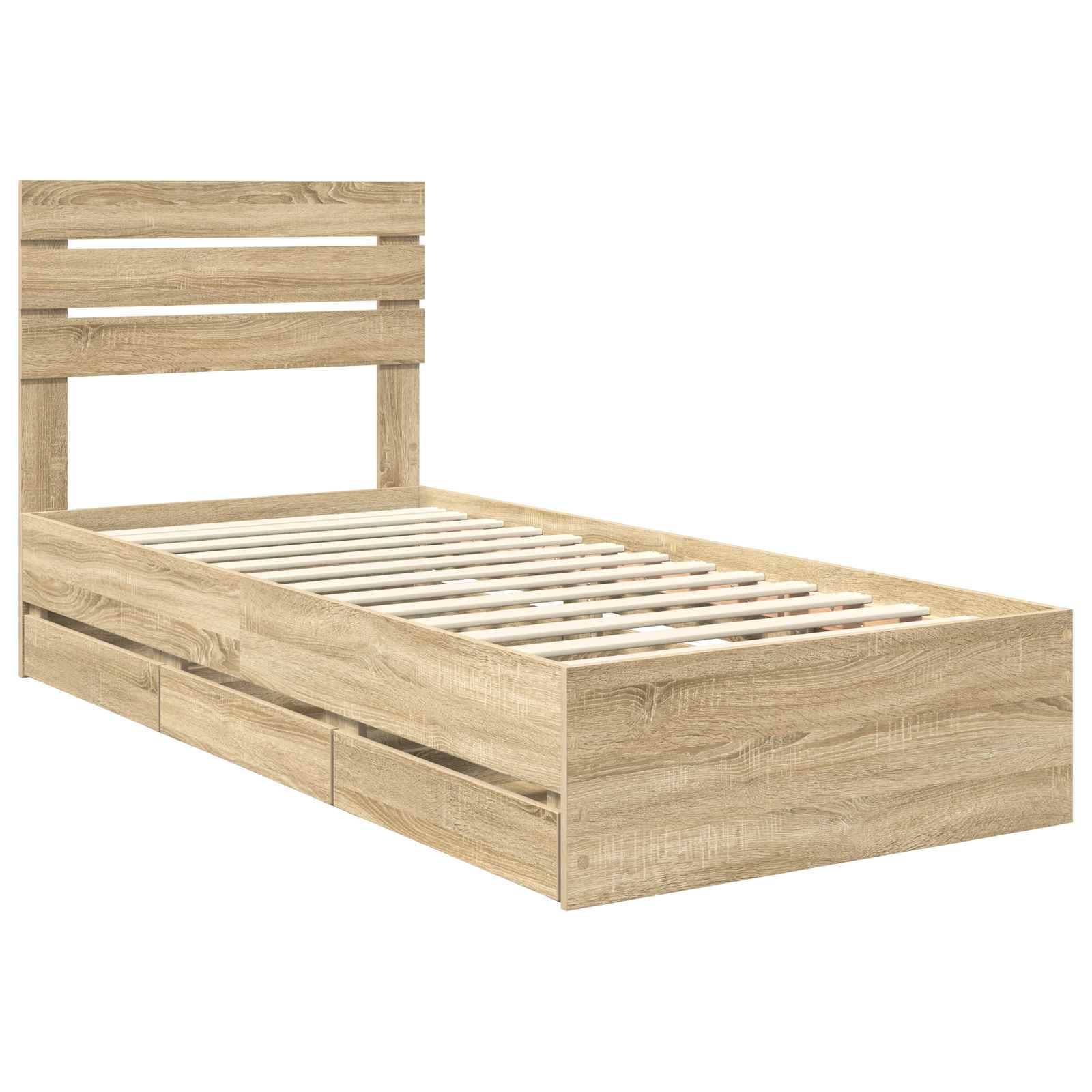 Ein Holz-Einzelbettgestell mit einem Lattenrost-Kopfteil, Oberfläche in hellem Braun und drei Aufbewahrungsschubladen darunter. Ohne Matratze.