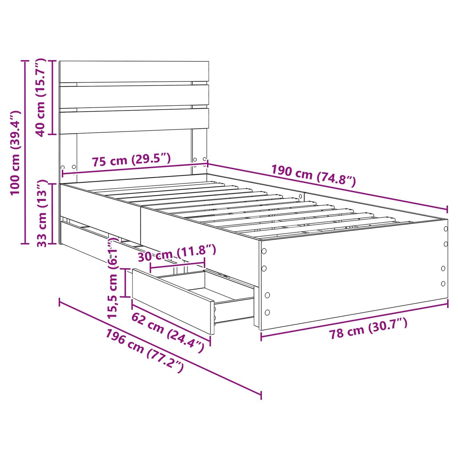 Bettrahmen-Diagramm mit Maßangaben: 190 cm Länge, 78 cm Breite, 100 cm Höhe. Inklusive Maße der Aufbewahrungsschublade.