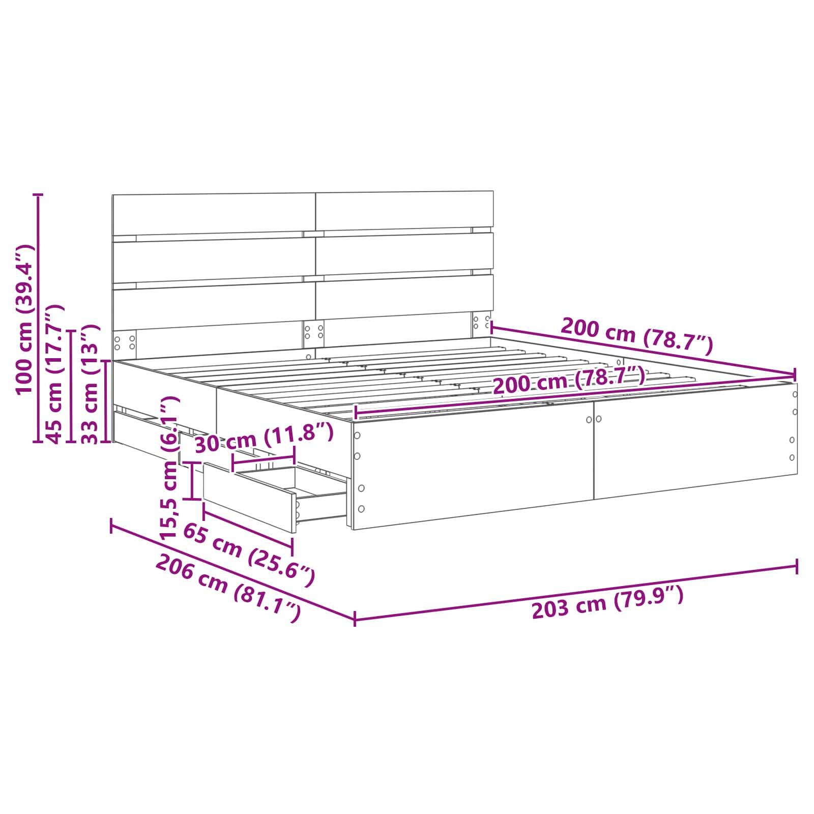 Abmessungen eines Bettes mit Stauraum: 100 cm hoch, 33 cm oder 13