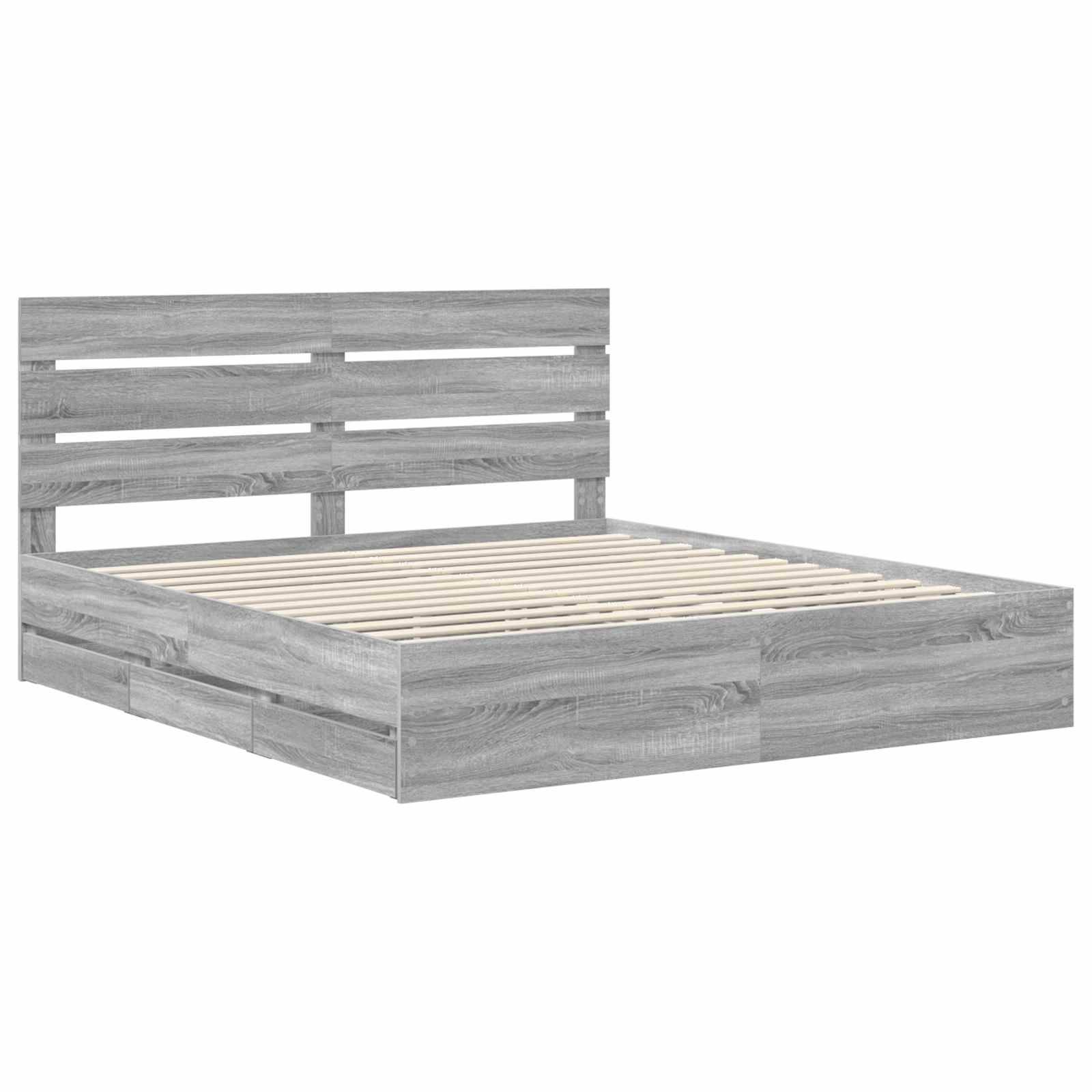 Ein grauer Holzbettrahmen mit einem Lattenrost-Kopfteil und -Boden, konzipiert für eine Matratze.