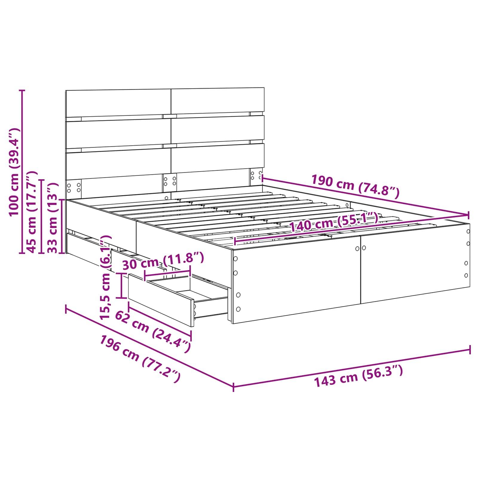 Diagramm eines Bettgestells mit Schubladen mit Maßangaben: 190 cm lang, 143 cm breit, mit einem Kopfteil von 100 cm Höhe. Schubladenabmessungen sind 62 cm tief.