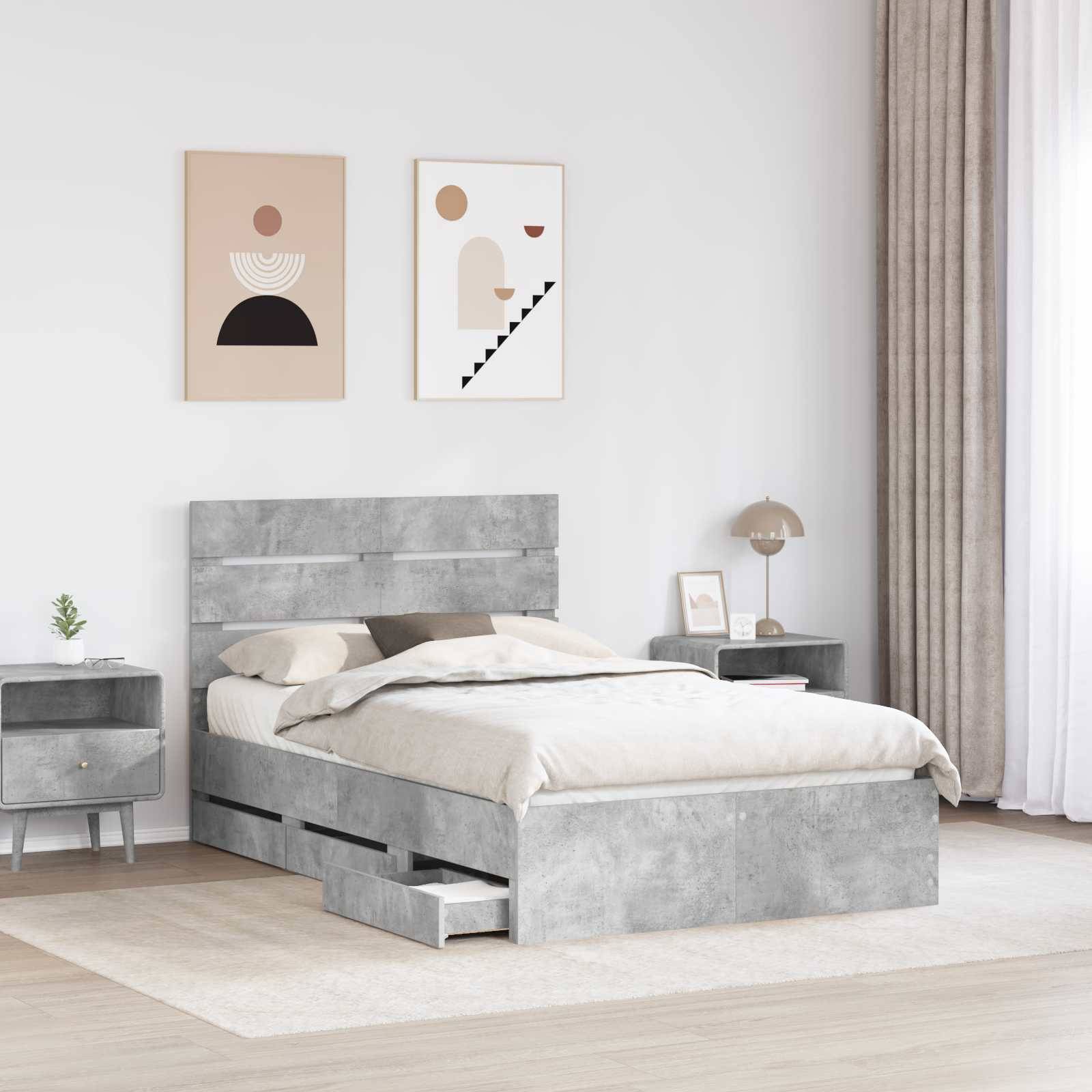 vidaXL Bettrahmen mit Kopfteil Beton Grau 135 x 190 cm Ingenieurs Holz