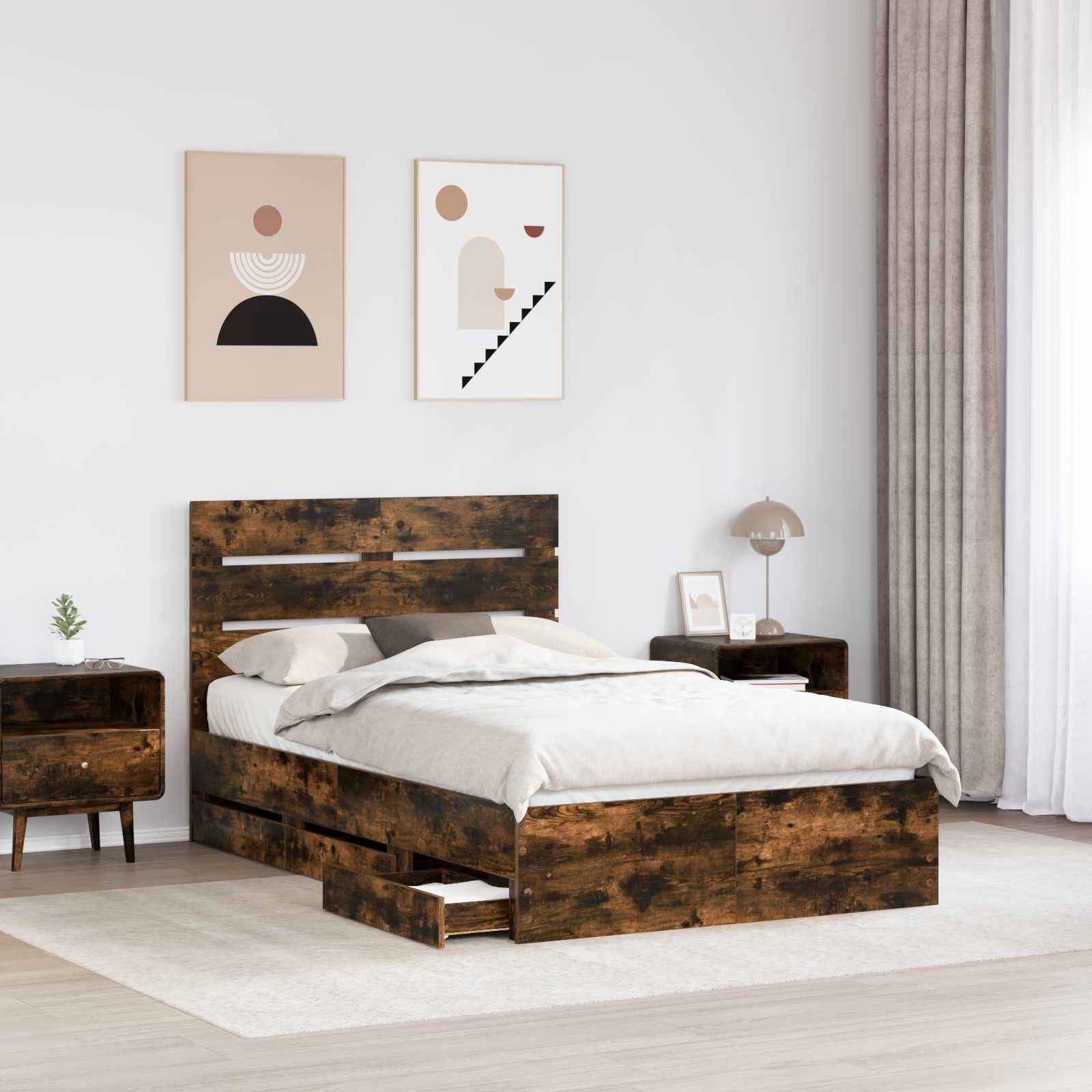 vidaXL Bettrahmen Geräucherte Eiche 135 x 190 cm Ingenieurs Holz