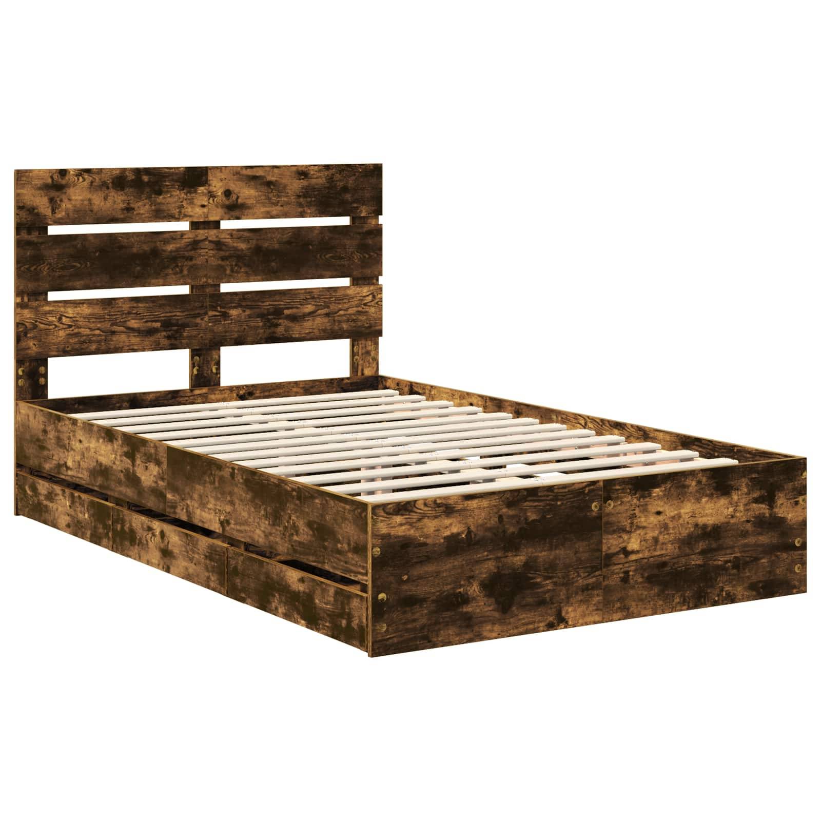 Holzbettgestell mit Lattenrostbezug, rustikale braune Ausführung und Bettkasten-Schubladen. Keine Matratze im Lieferumfang enthalten.
