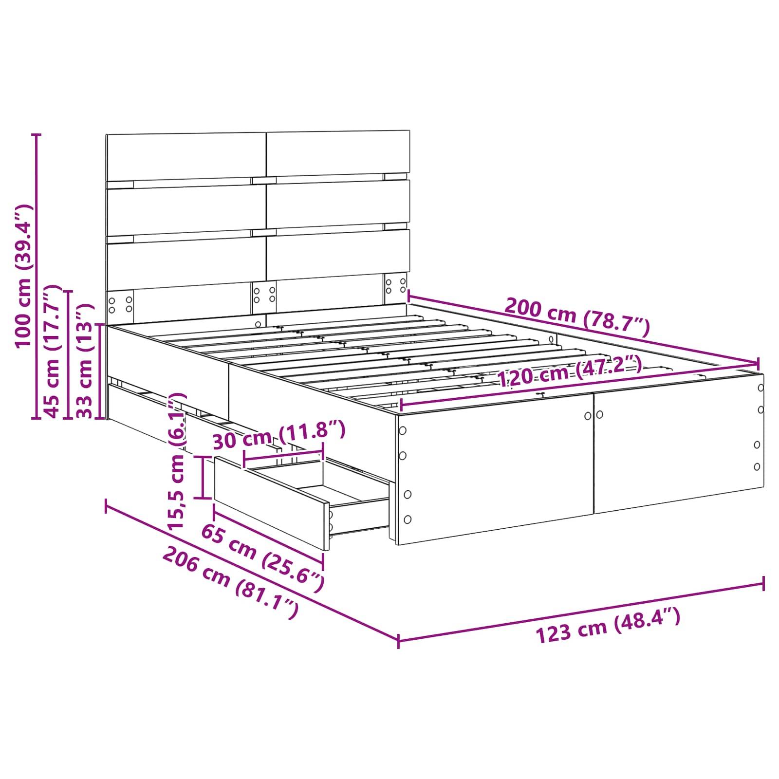 Rahmen Montage-Diagramm mit Abmessungen: Höhe 100 cm, Breite 206 cm, Tiefe 123 cm. Merkmale umfassen Kopfteil und Schubladen unter dem Bett.