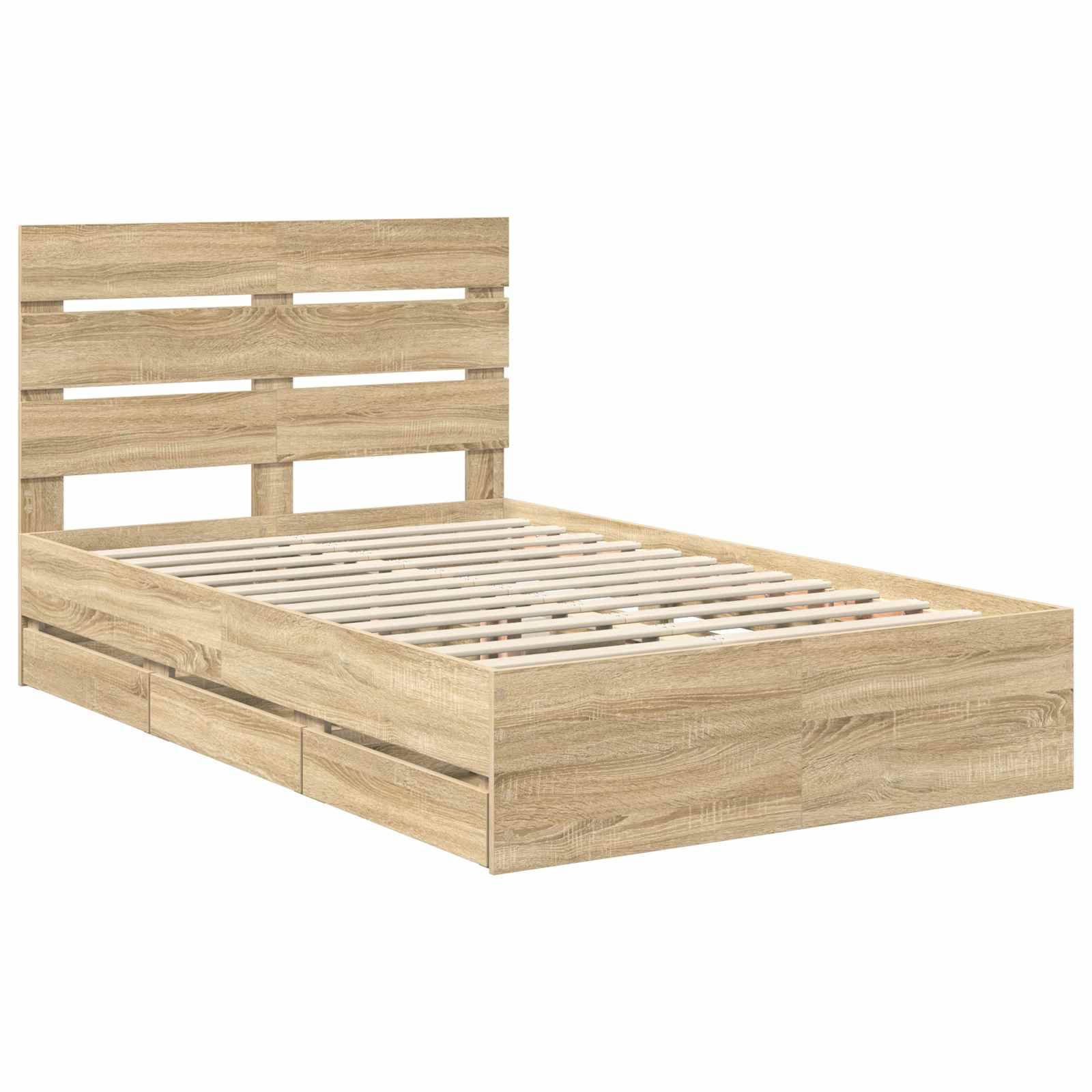 Ein Holzbettgestell mit einem geschlitzten Kopfteil und Staurageschubladen darunter, in einem neutralen Holzton präsentiert.