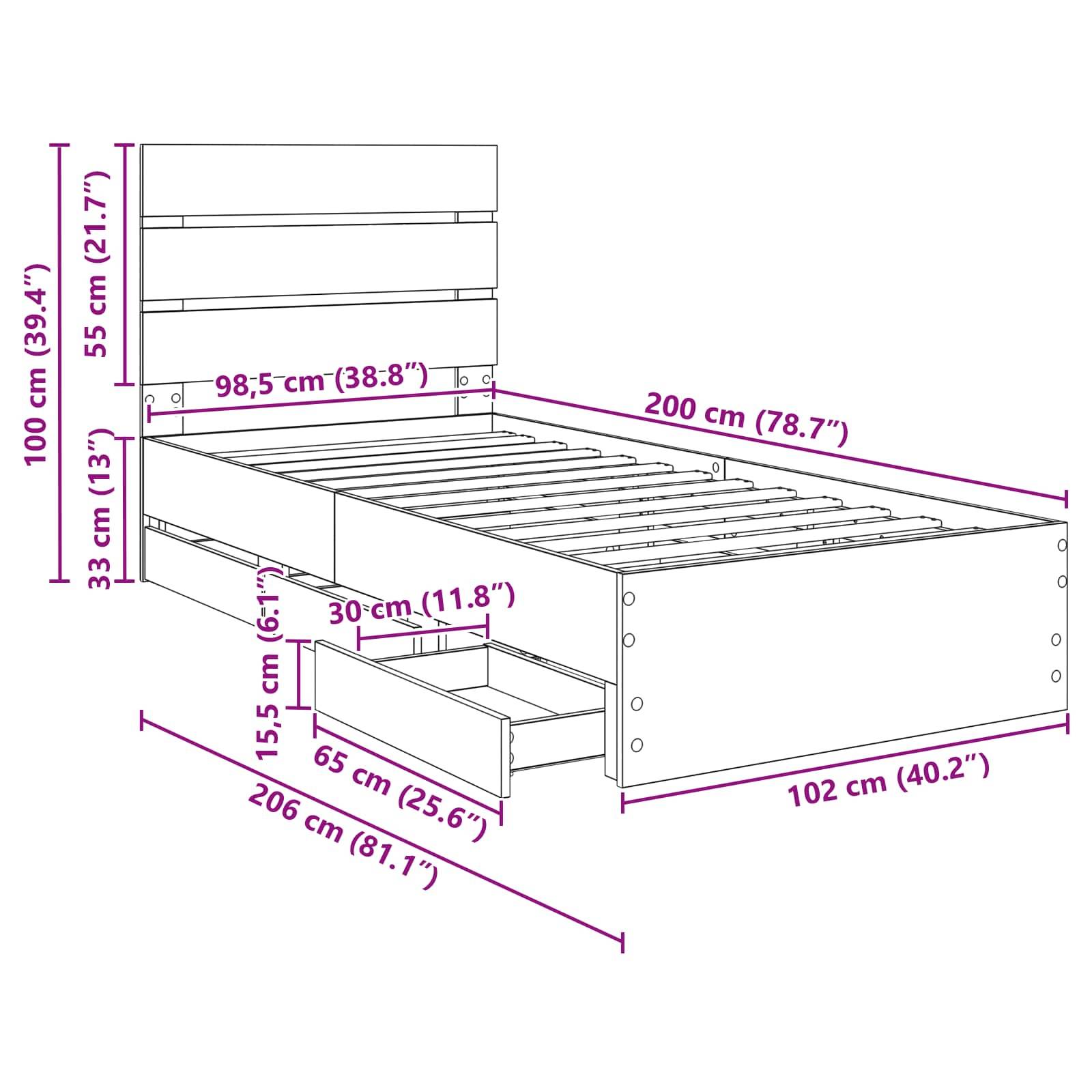 Diagramm eines Bettgestells mit Abmessungen: Höhe 100 cm, Breite 98,5 cm, Länge 200 cm. Ausstattung mit Unterbettschubladen, 65 cm tief.