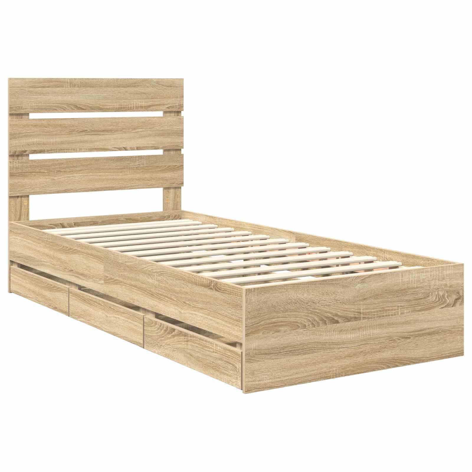 Ein Holz-Einzelbettgestell mit Lattenrost am Kopf- und Fußende, ausgestattet mit drei integrierten Staurageschubladen darunter, in einer natürlichen Holzoptik.