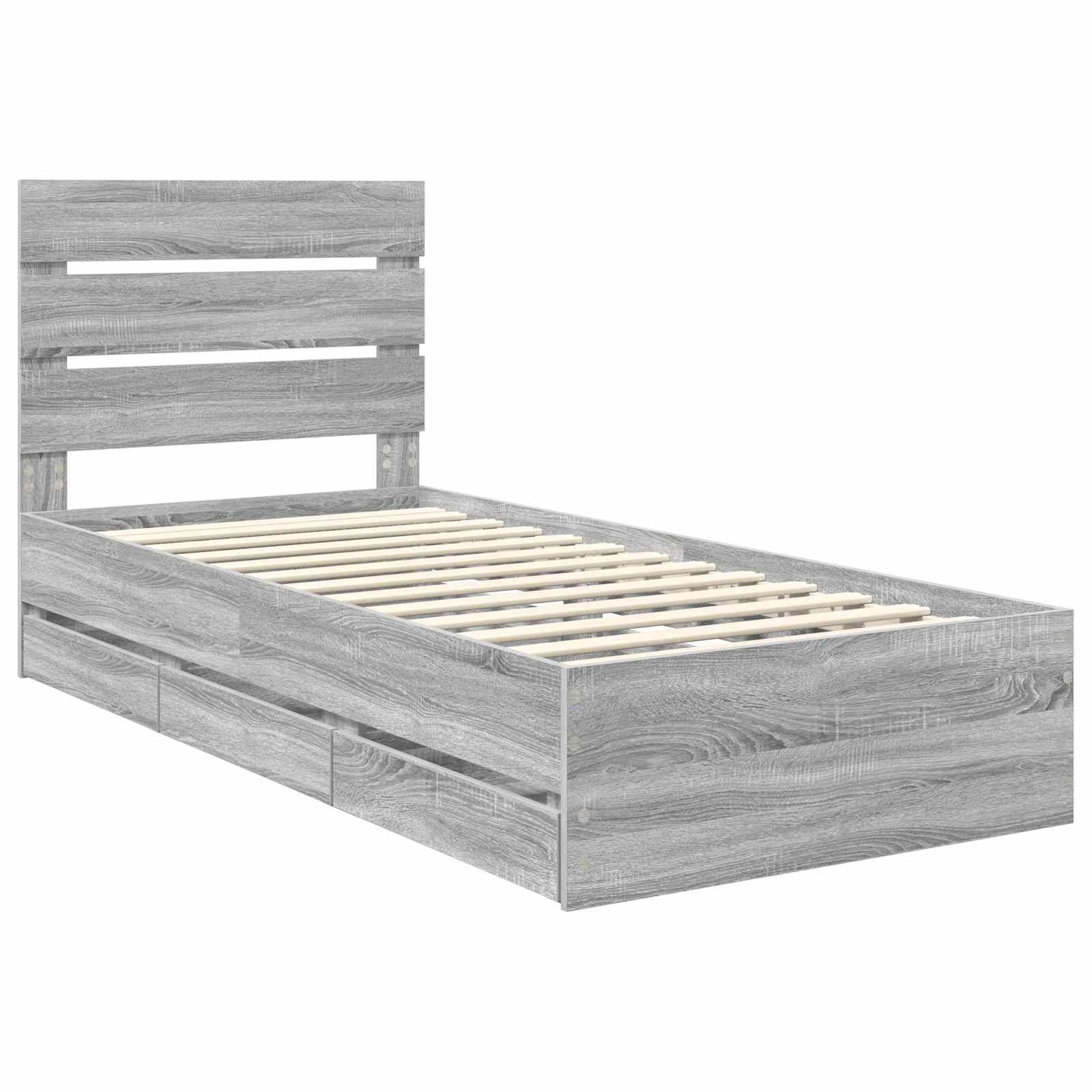 Ein grauer Holz-Einzelbettrahmen mit Lattenrost und einem Kopfteil mit horizontalen Latten.