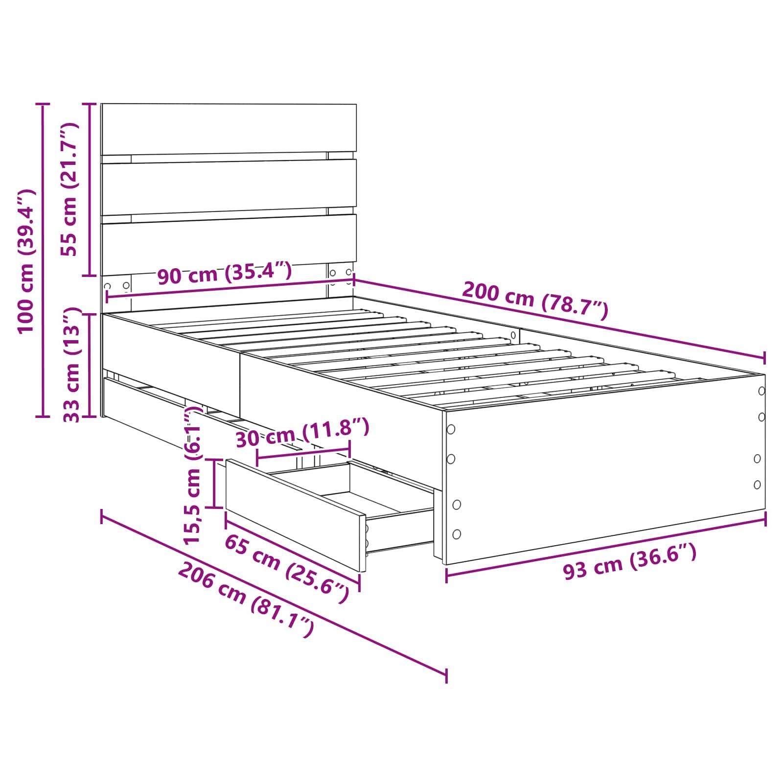 Illustrierte Bettrahmengestaltung mit Maßen: 100 cm Höhe, 200 cm Länge, 93 cm Breite. Beinhaltet Staurageschubladen, detailliert in Zentimetern.