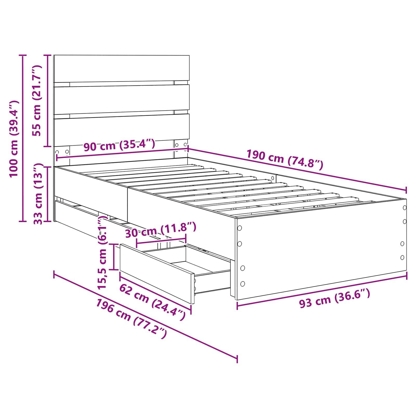 Diagramm eines Bettes mit Maßen: Höhe 100 cm, Breite 90 cm, Länge 190 cm, und Schubladen-Abmessungen 62 cm Breite, 30 cm Tiefe.