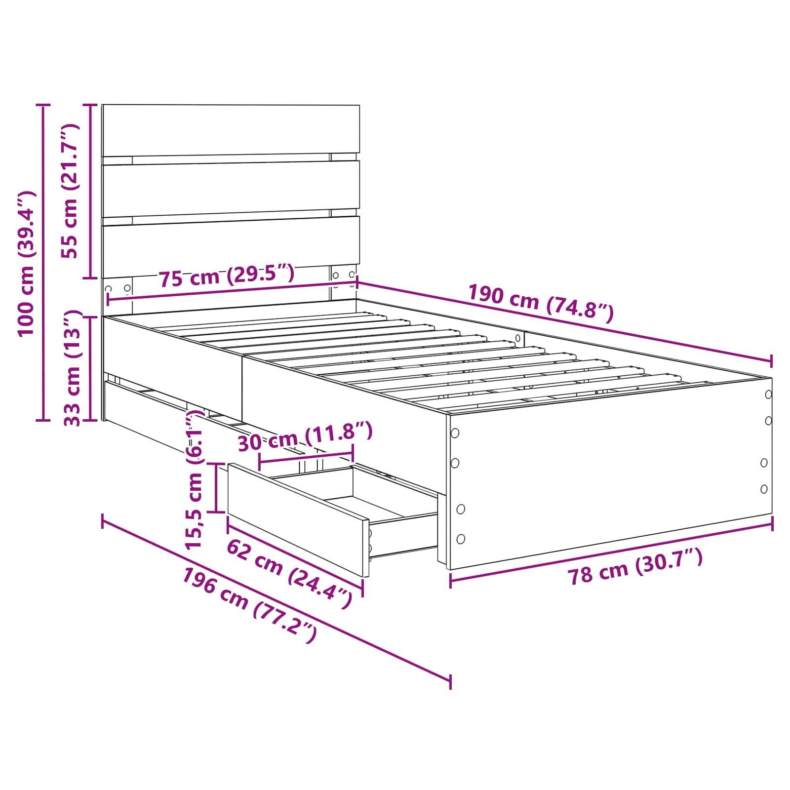Diagramm eines Bettes mit detaillierten Maßen: Höhe 100 cm, Breite 75 cm, Tiefe 190 cm. Enthält Schubladendimensionen: 62 cm breit, 30 cm tief.