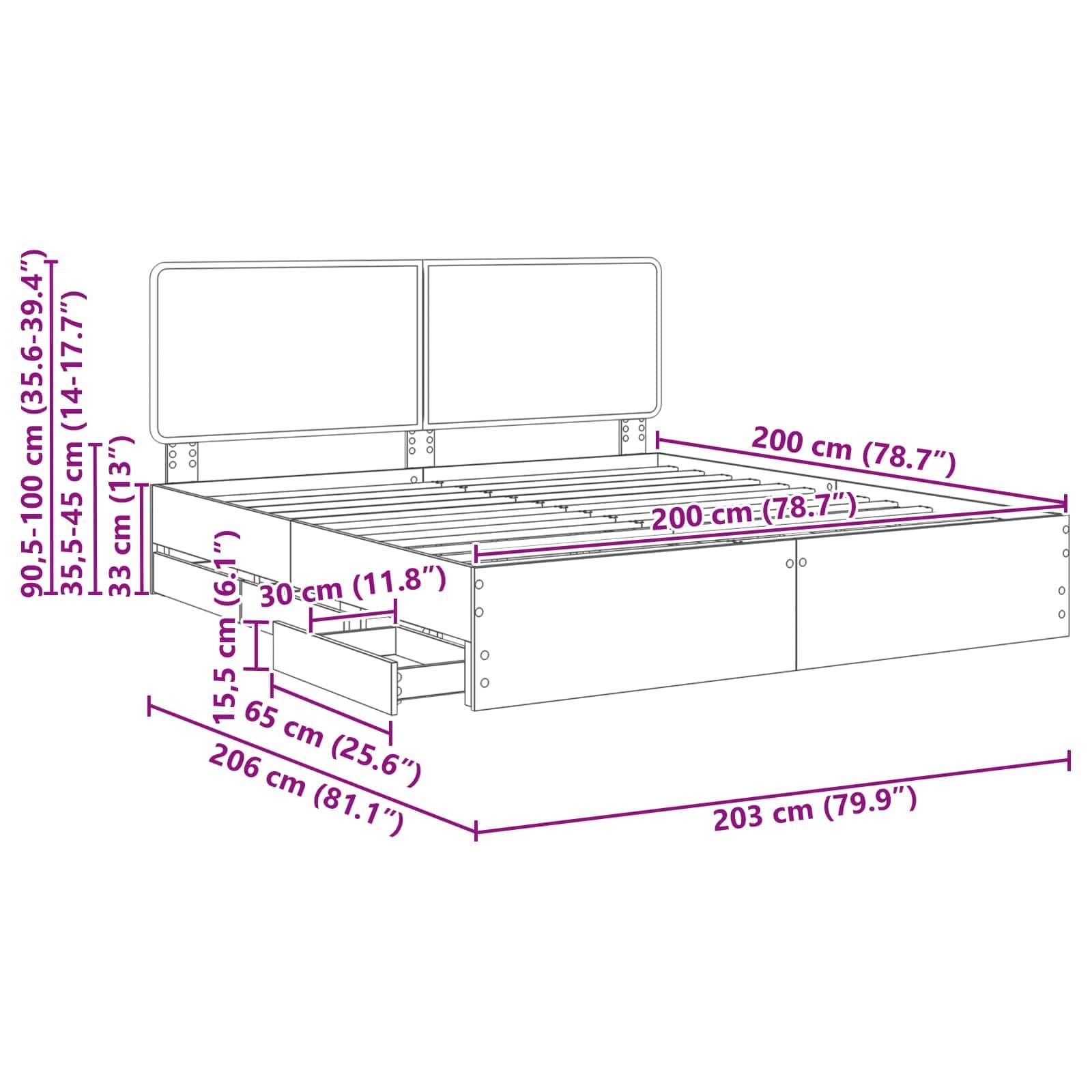 Eine Linienzeichnung eines Bettes mit Stauraum. Abmessungen: Länge 206 cm, Breite 203 cm, Höhe 90,5-100 cm. Inklusive Schubladen mit angegebenen Maßen.