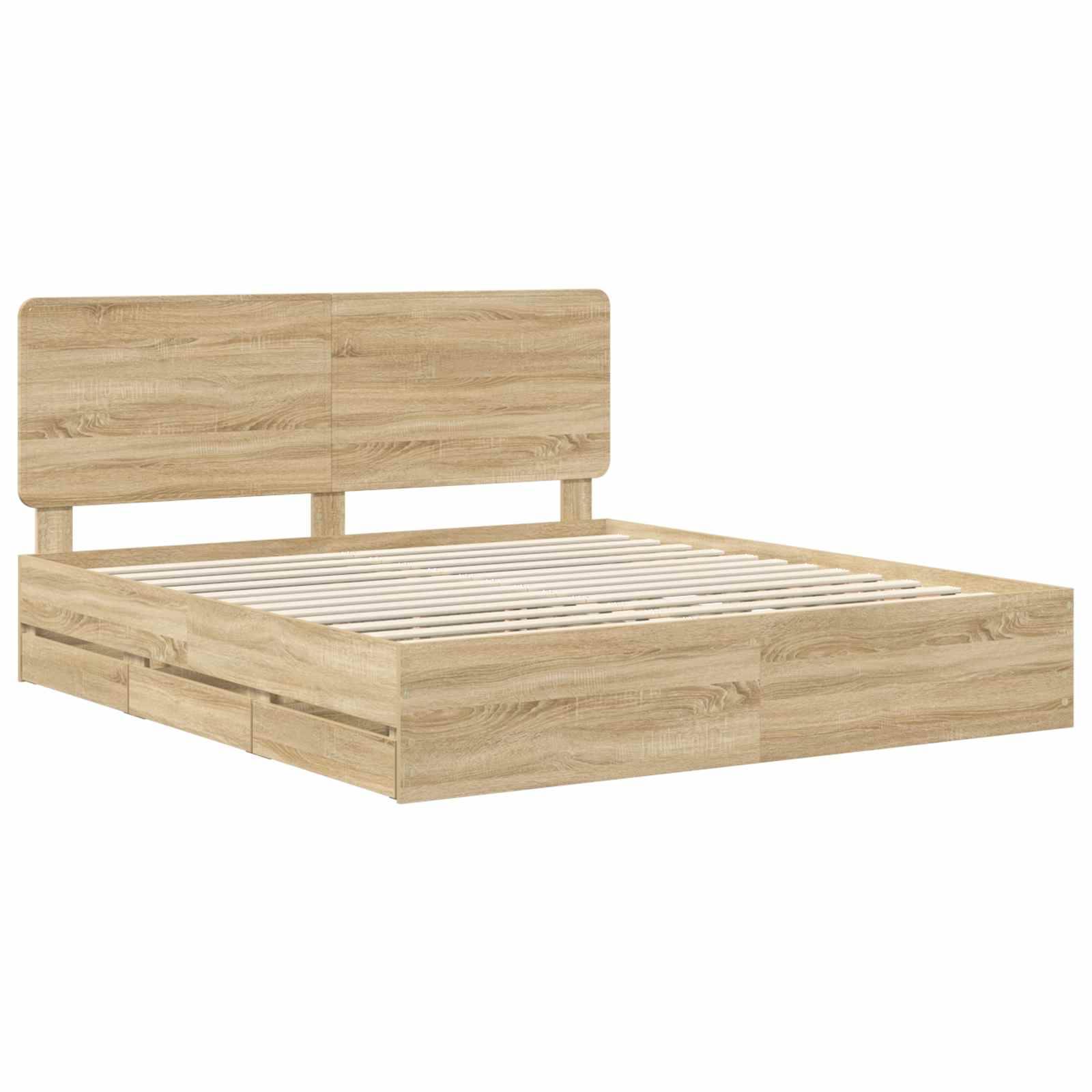 Ein Holz-Plattformbett mit einer hellen Eiche-Oberfläche, ausgestattet mit einer Lattenrost-Basis und einem schlichten Kopfteil, aus einem leicht versetzten Blickwinkel betrachtet.
