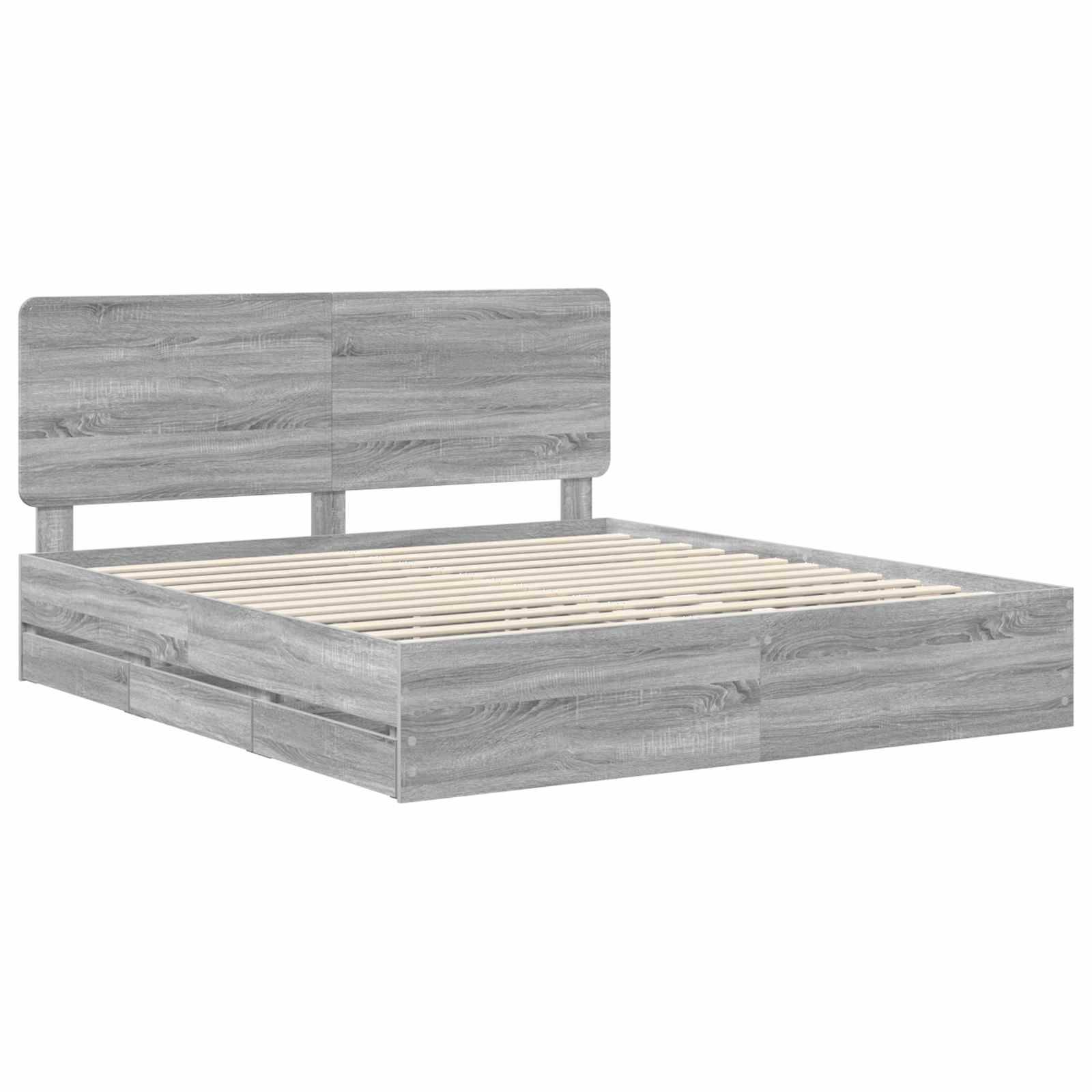 Grauer Holzbettrahmen mit hohem Kopfteil und Lattenrost, konzipiert für ein modernes Schlafzimmer.