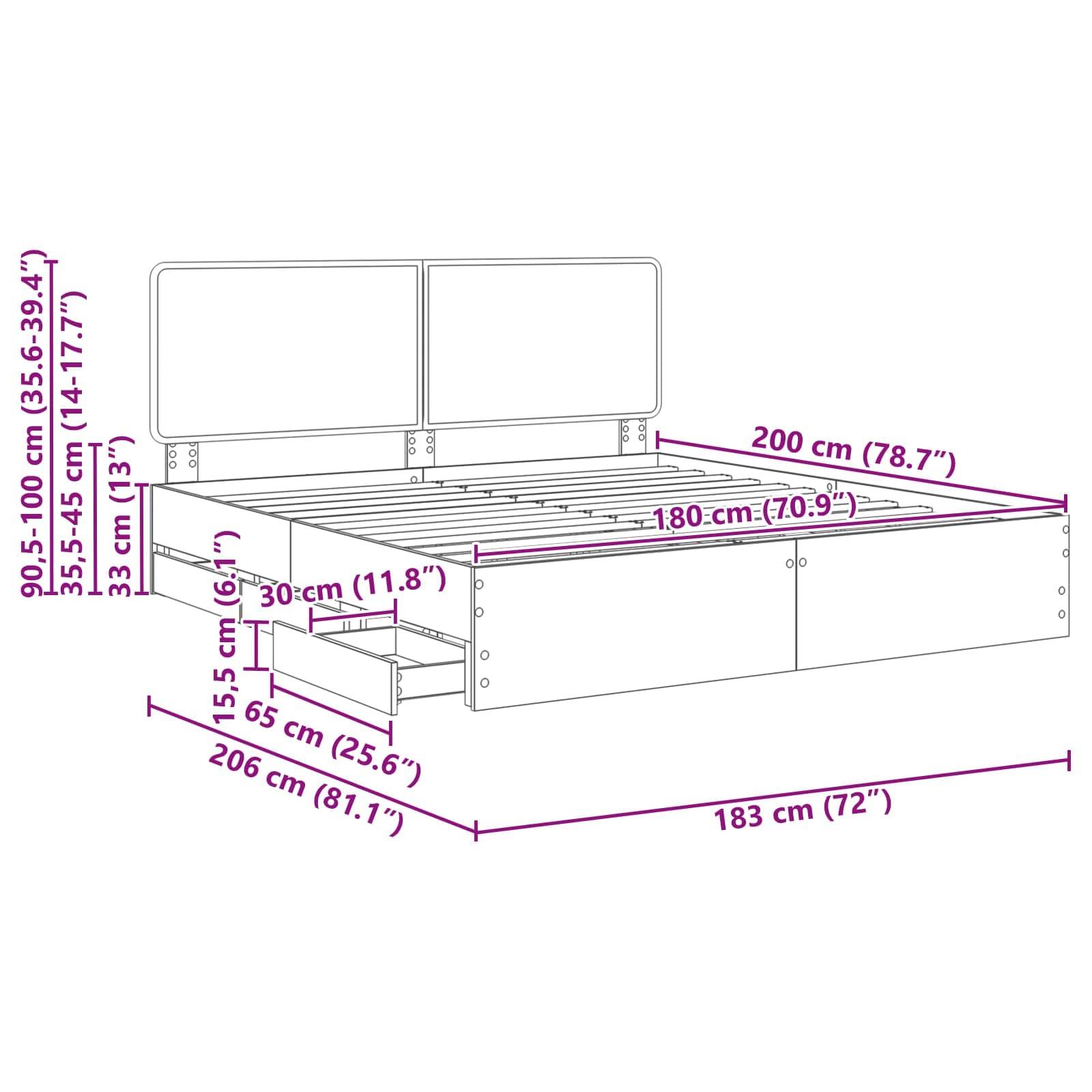 Abmessungen des Bettgestells: Höhe 90,5-100 cm, Breite 200 cm, Länge 206 cm, mit Stauraschublade 33 cm Höhe, 30 cm Tiefe.