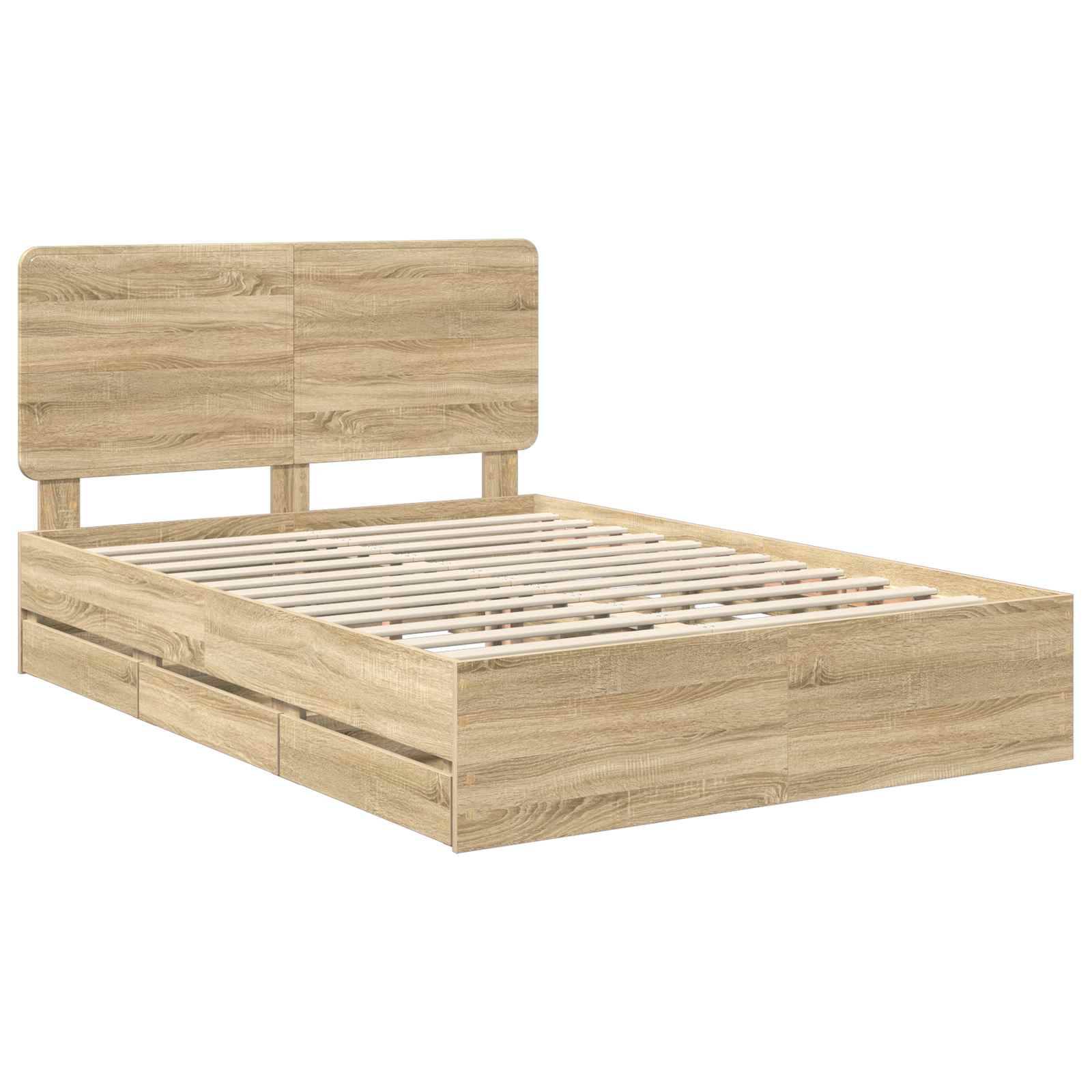 Ein Holzbettgestell mit hohem Kopfteil und Lattenrost. Das Bett hat eine natürliche Holzoberfläche und verfügt über Staurageschubladen darunter.